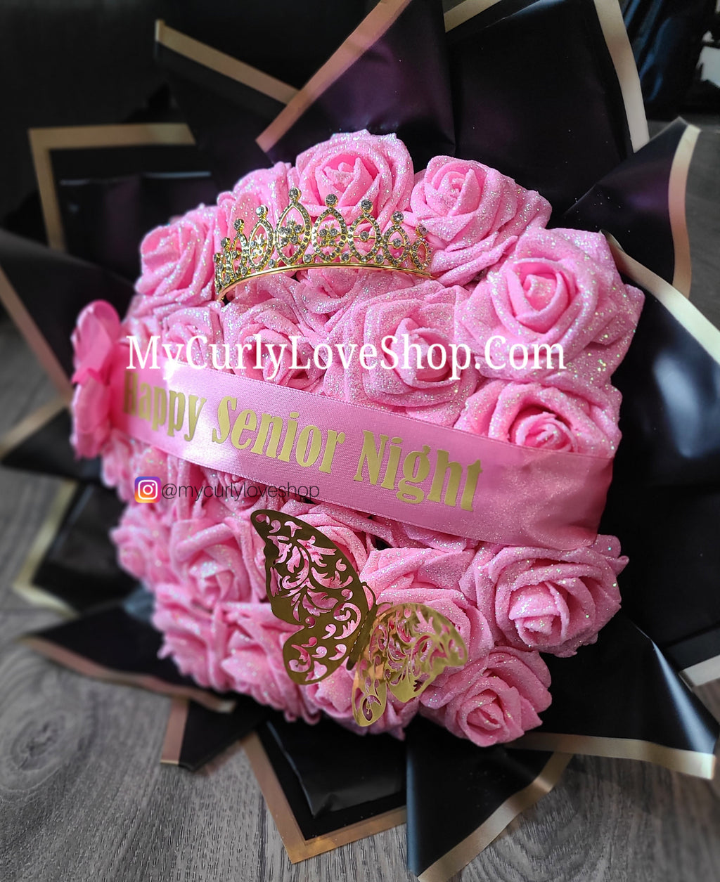 Glitter Roses Bouquet: Tiara and Butterfly Included (Tiara and Butterfly Shape Can Vary Depending on Availability) Banner and Lights are additional.
