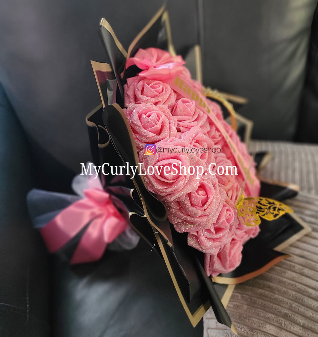 Glitter Roses Bouquet: Tiara and Butterfly Included (Tiara and Butterfly Shape Can Vary Depending on Availability) Banner and Lights are additional.