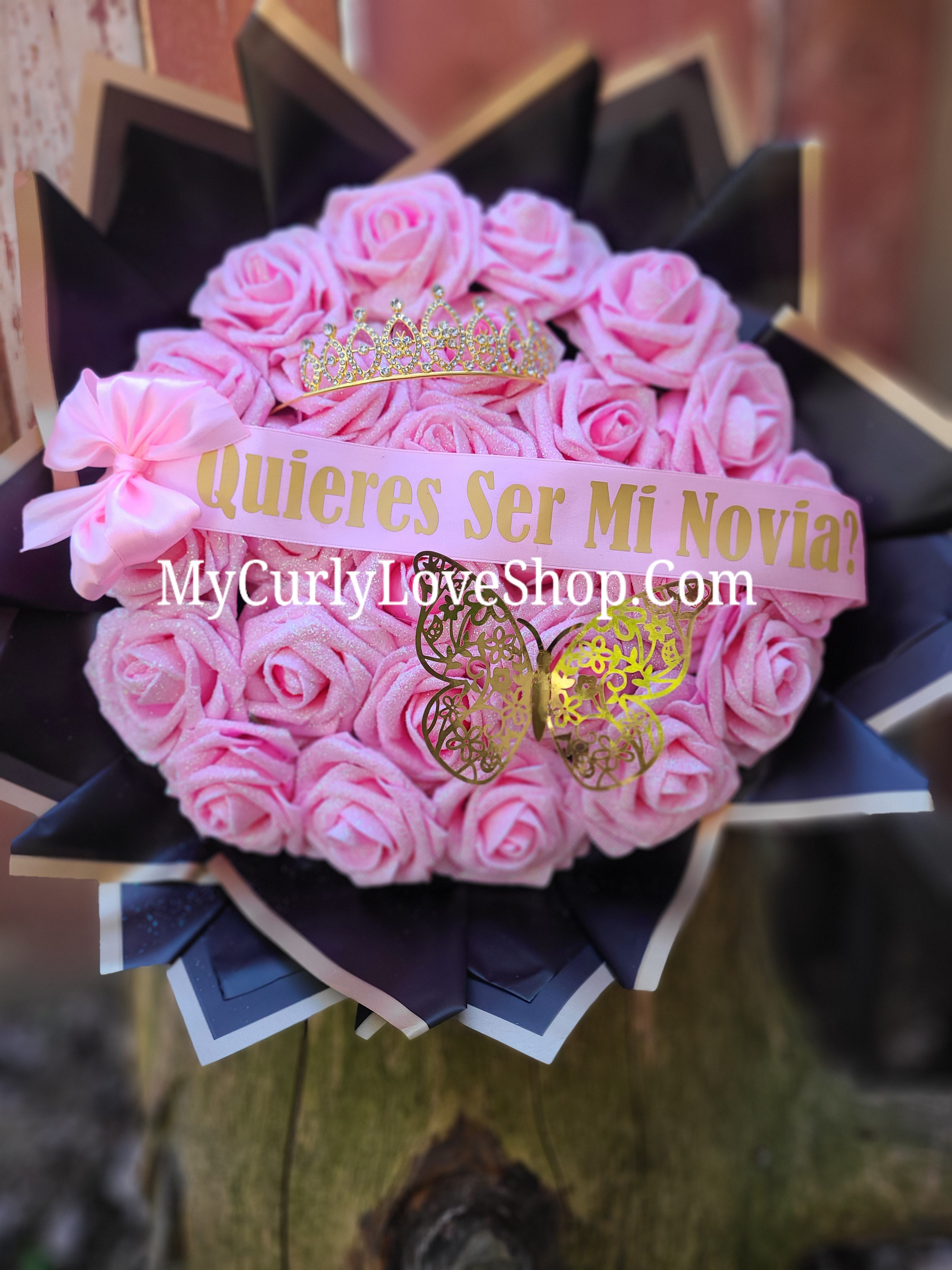 Glitter Roses Bouquet: Tiara and Butterfly Included (Tiara and Butterfly Shape Can Vary Depending on Availability) Banner and Lights are additional.