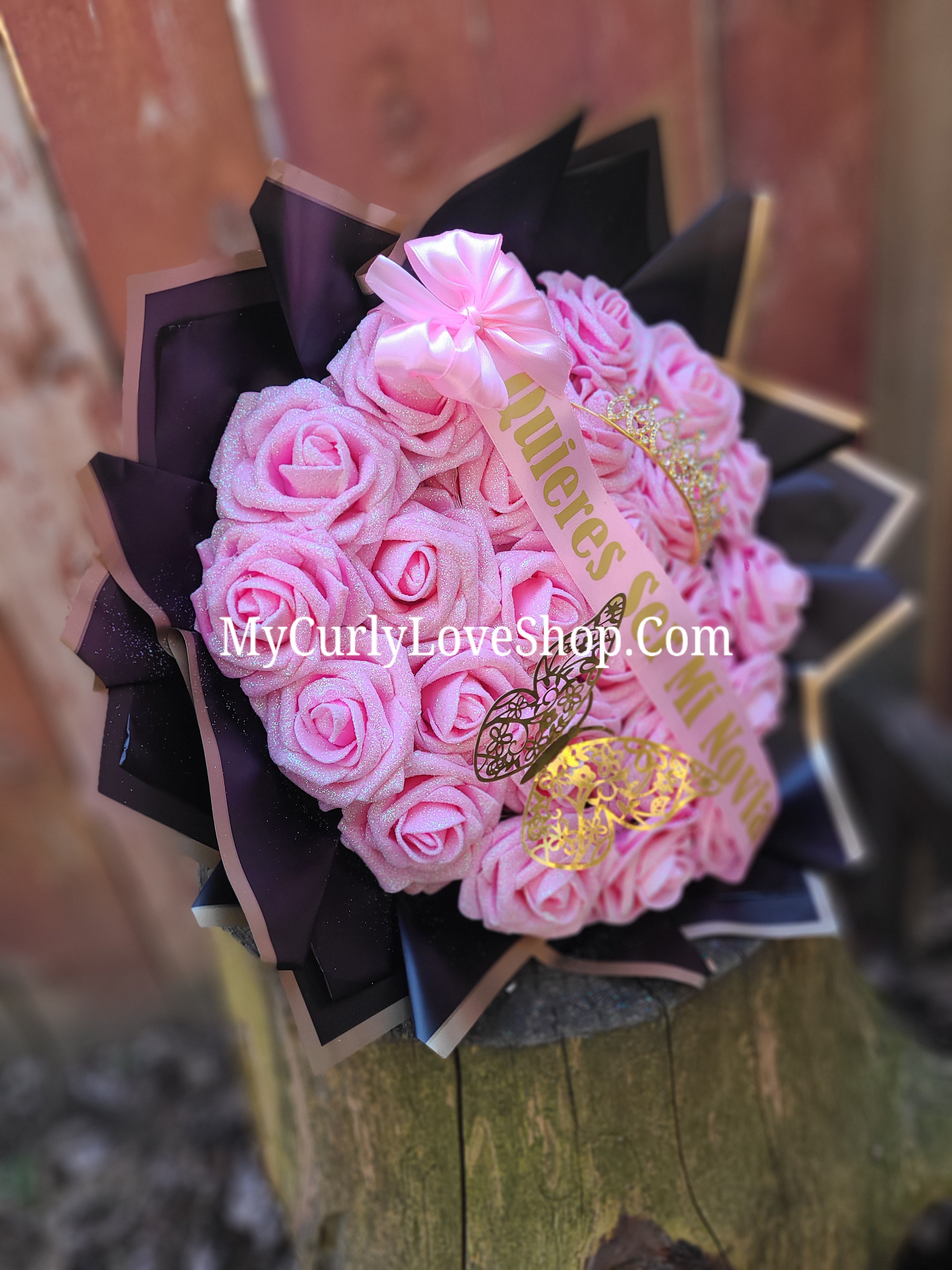 Glitter Roses Bouquet: Tiara and Butterfly Included (Tiara and Butterfly Shape Can Vary Depending on Availability) Banner and Lights are additional.