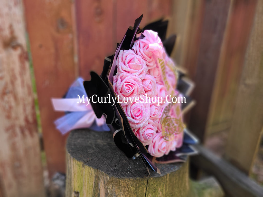 Glitter Roses Bouquet: Tiara and Butterfly Included (Tiara and Butterfly Shape Can Vary Depending on Availability) Banner and Lights are additional.