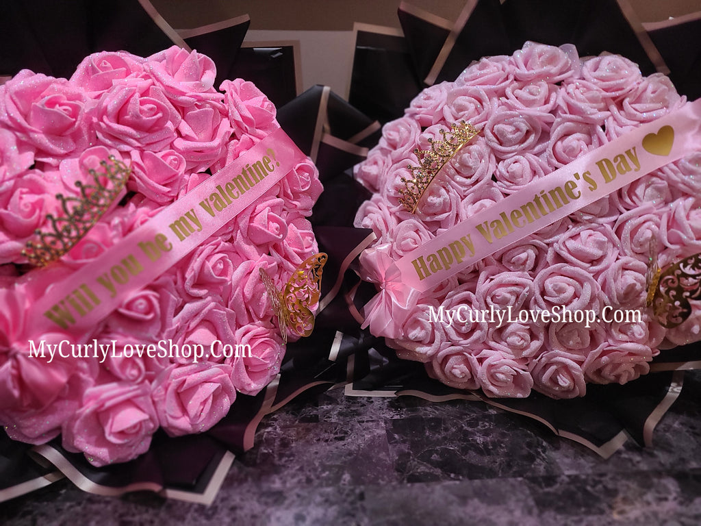 Glitter Roses Bouquet: Tiara and Butterfly Included (Tiara and Butterfly Shape Can Vary Depending on Availability) Banner and Lights are additional.
