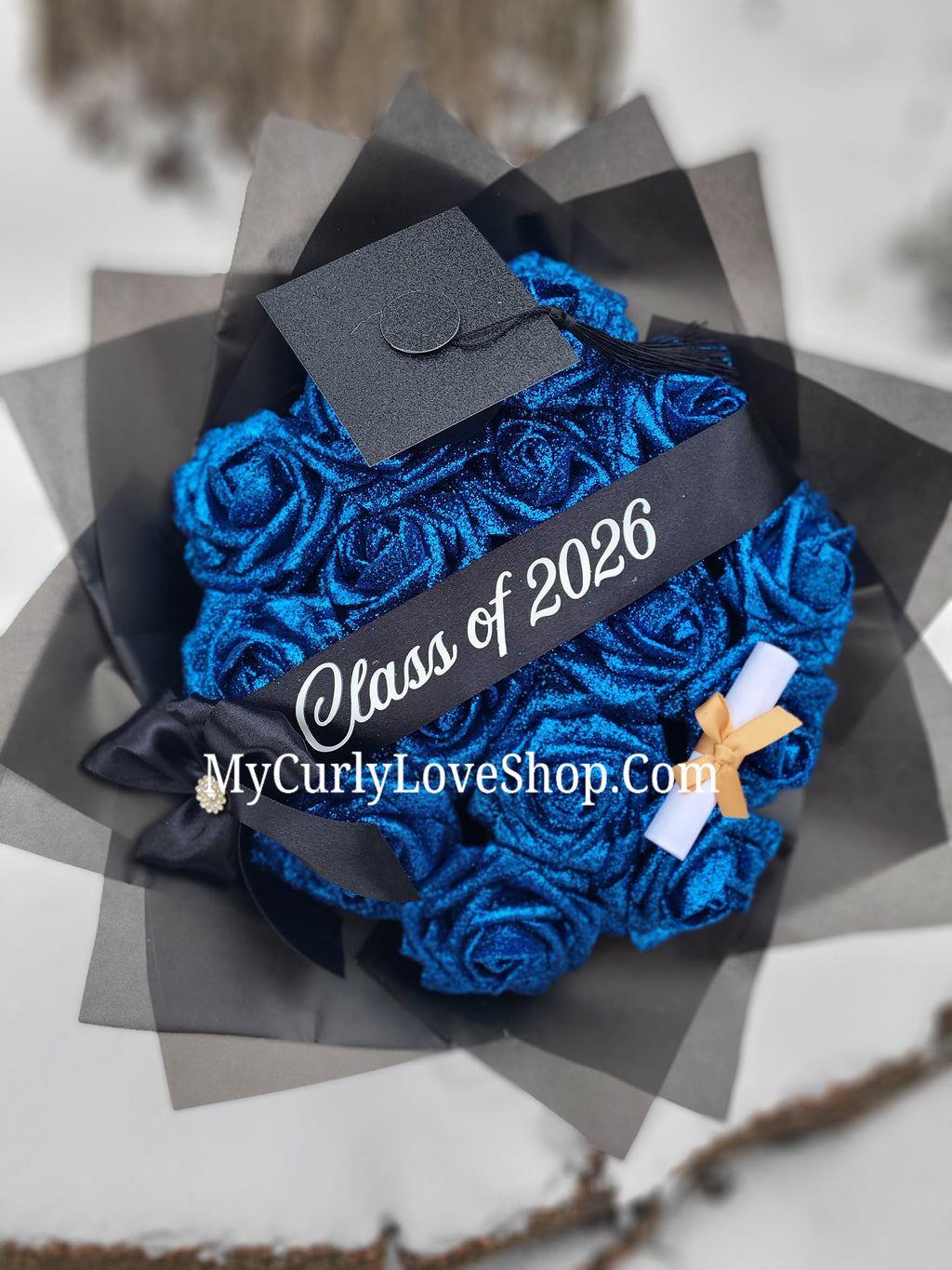 Graduation Glitter Roses Bouquet. Graduation Cap and Diploma Embellishment Included. Banner and Lights are additional.