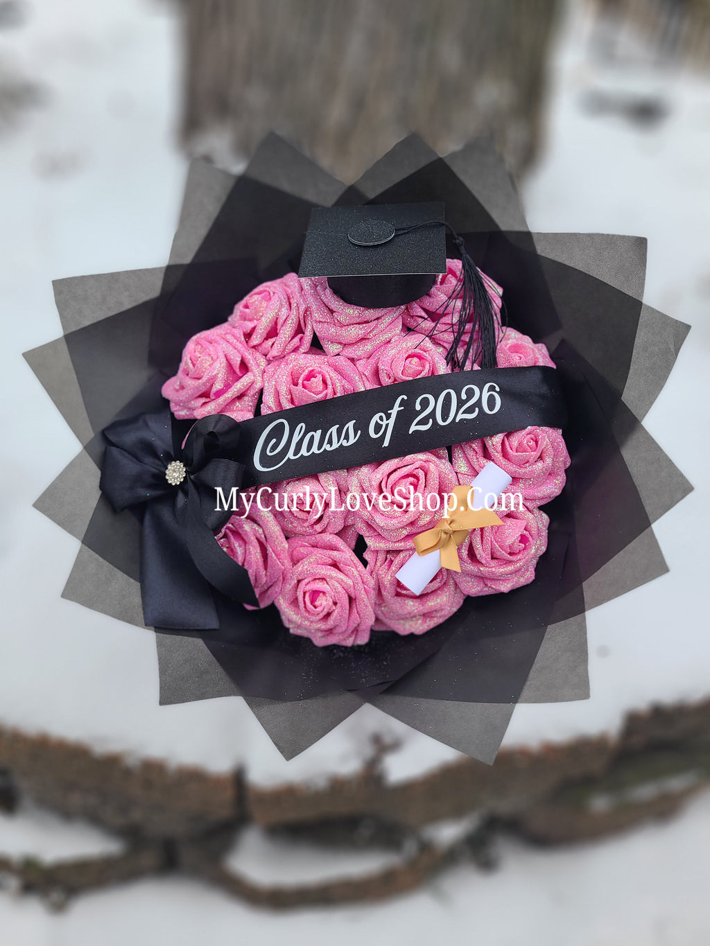 Graduation Glitter Roses Bouquet. Graduation Cap and Diploma Embellishment Included. Banner and Lights are additional.