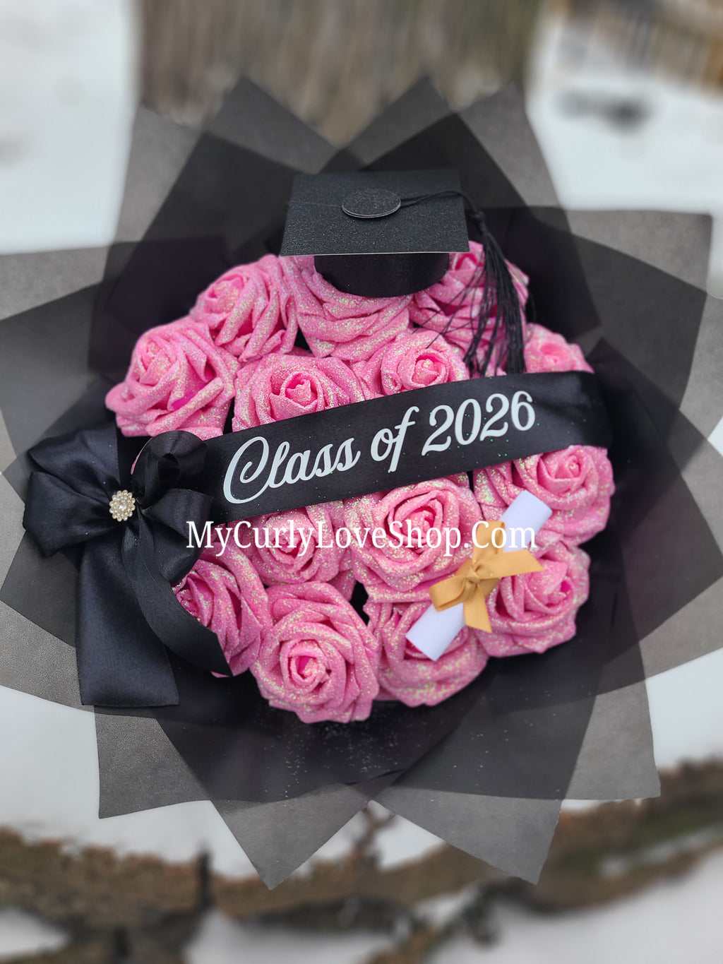 Graduation Glitter Roses Bouquet. Graduation Cap and Diploma Embellishment Included. Banner and Lights are additional.