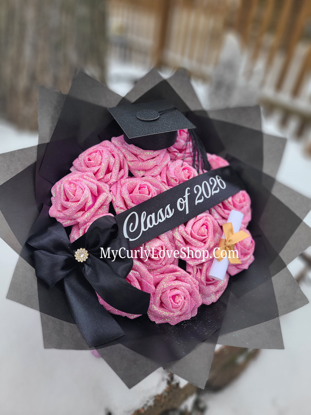 Graduation Glitter Roses Bouquet. Graduation Cap and Diploma Embellishment Included. Banner and Lights are additional.
