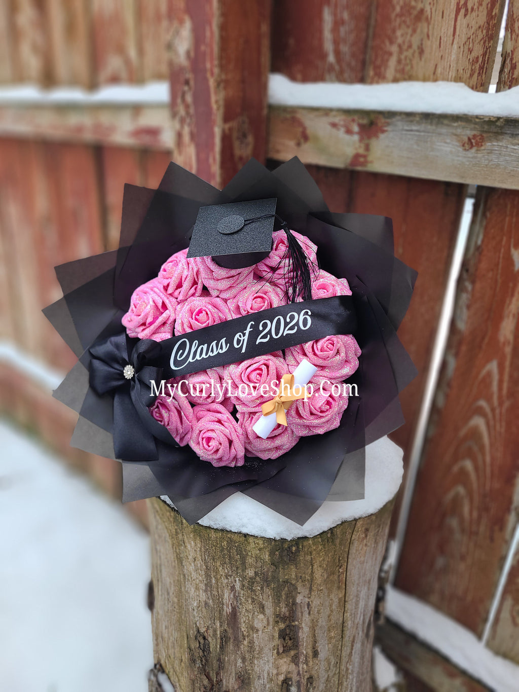 Graduation Glitter Roses Bouquet. Graduation Cap and Diploma Embellishment Included. Banner and Lights are additional.