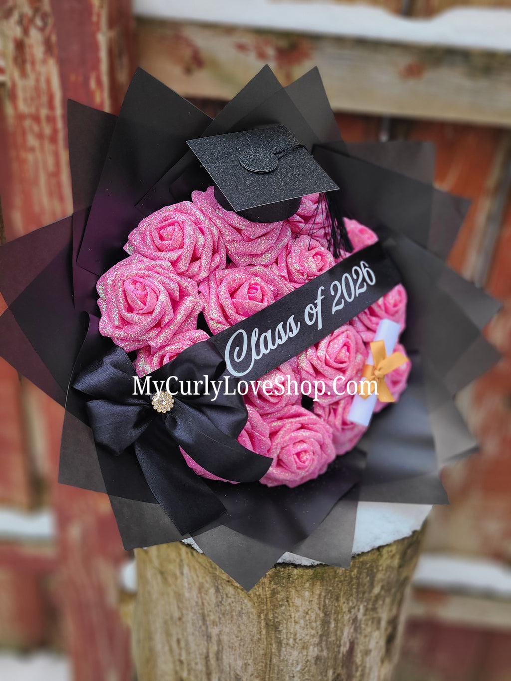 Graduation Glitter Roses Bouquet. Graduation Cap and Diploma Embellishment Included. Banner and Lights are additional.