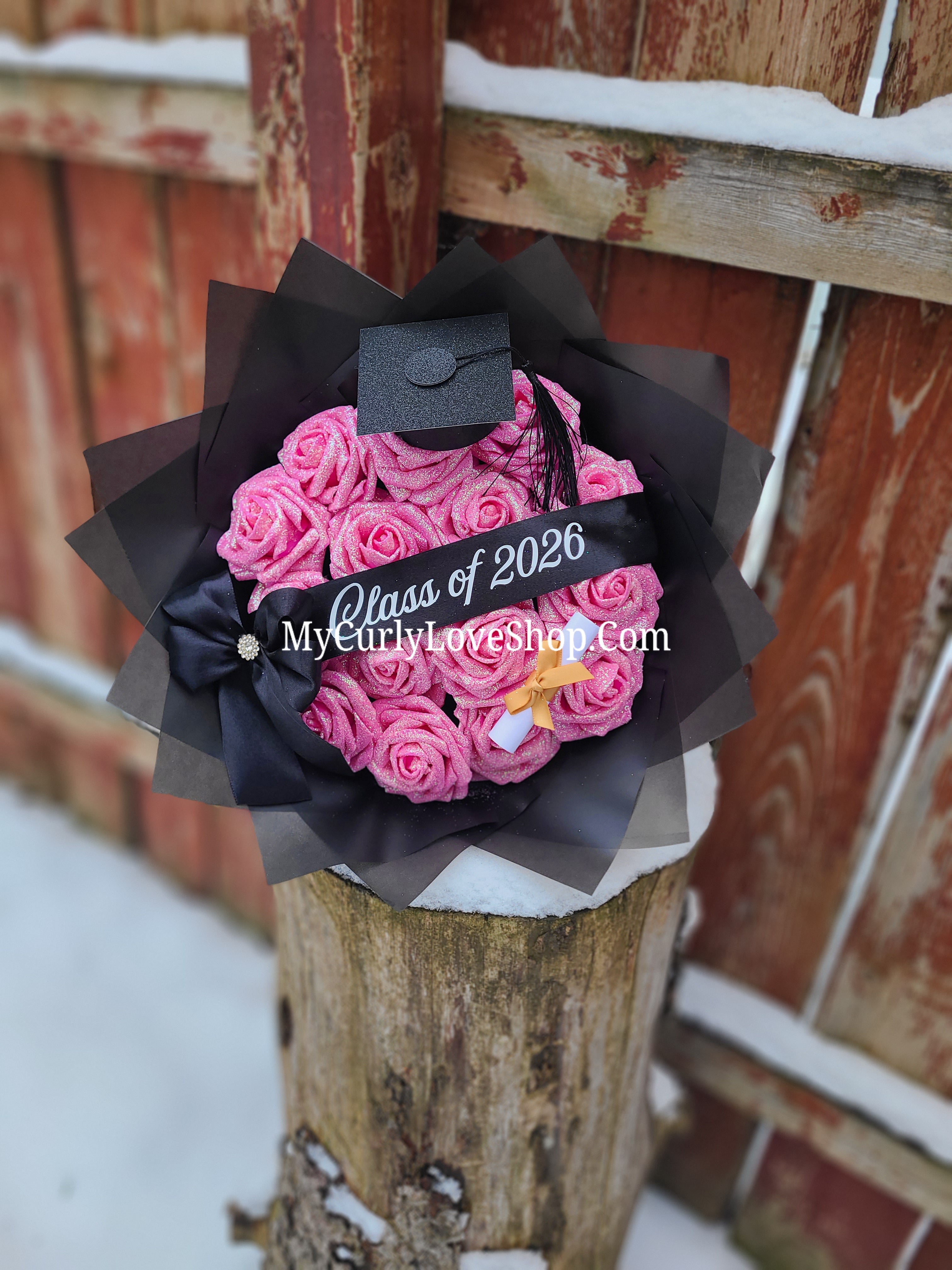 Graduation Glitter Roses Bouquet. Graduation Cap and Diploma Embellishment Included. Banner and Lights are additional.