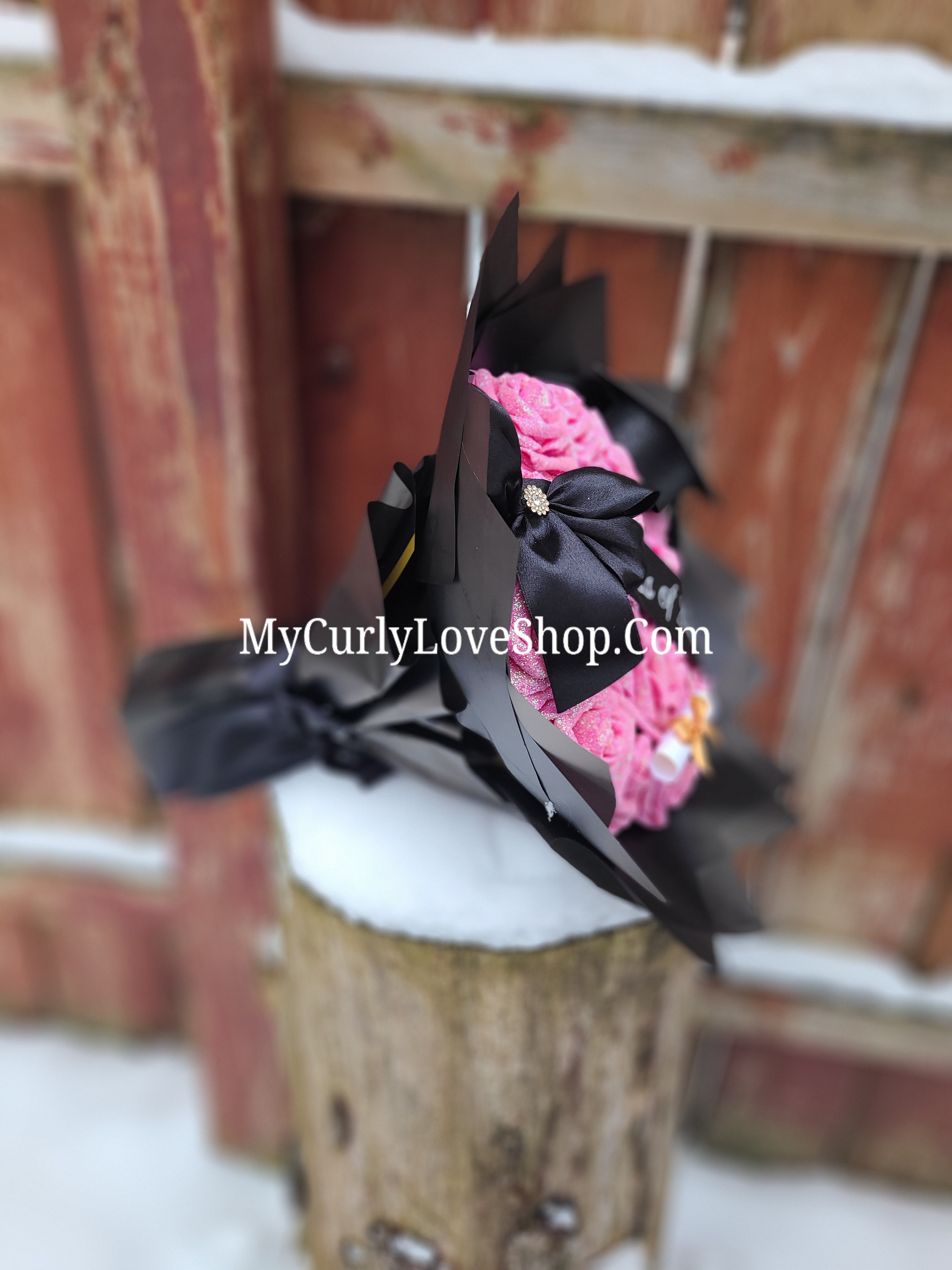 Graduation Glitter Roses Bouquet. Graduation Cap and Diploma Embellishment Included. Banner and Lights are additional.