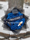 Graduation Glitter Roses Bouquet. Graduation Cap and Diploma Embellishment Included. Banner and Lights are additional.