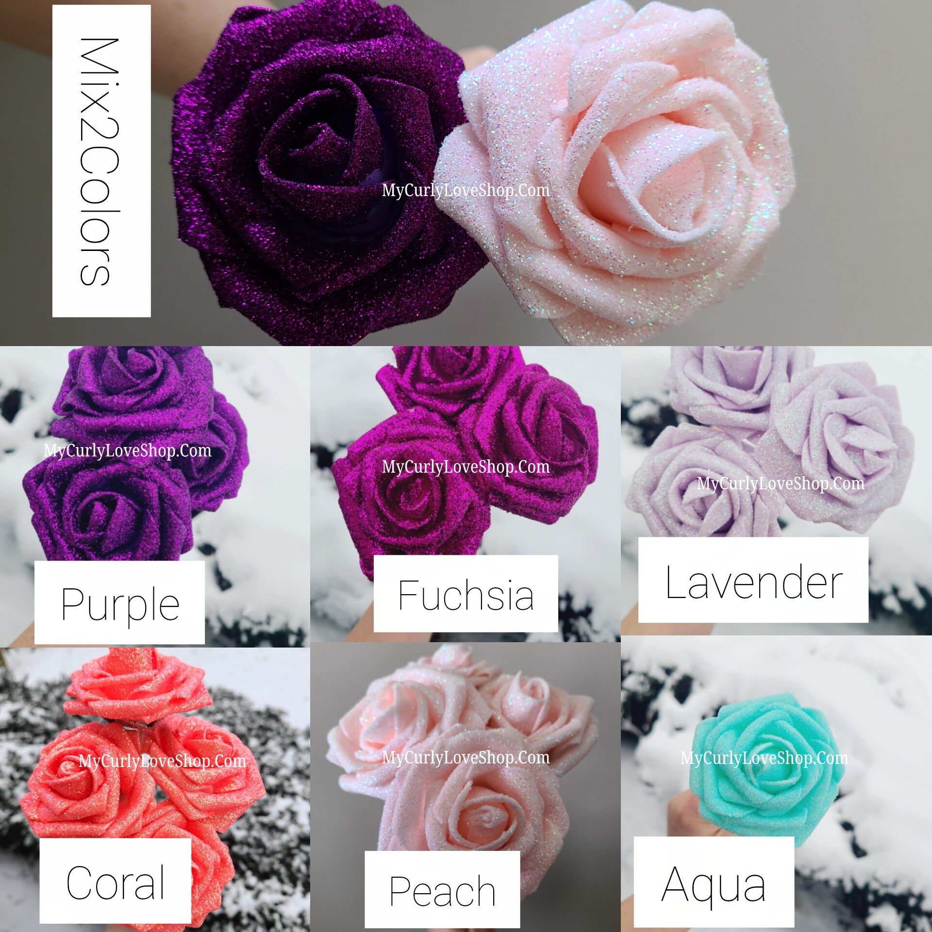 Floral Glitter Roses Bouquet. Comes with two silver butterflies. Banner and Lights are additional. See selection.