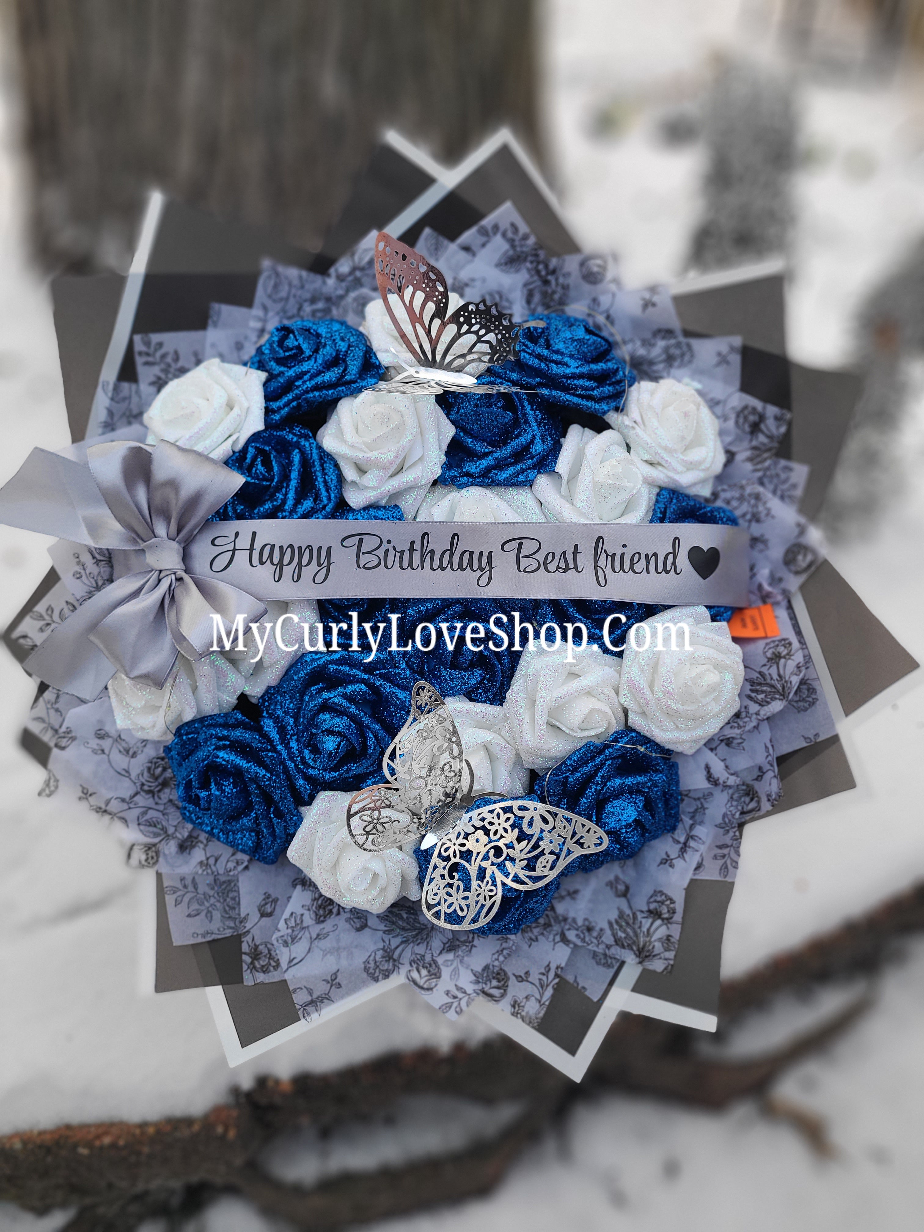 Floral Glitter Roses Bouquet. Comes with two silver butterflies. Banner and Lights are additional. See selection.