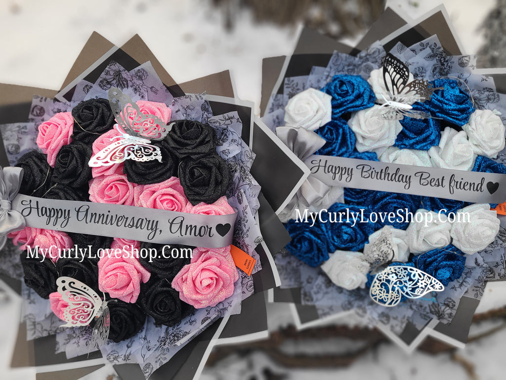 Floral Glitter Roses Bouquet. Comes with two silver butterflies. Banner and Lights are additional. See selection.