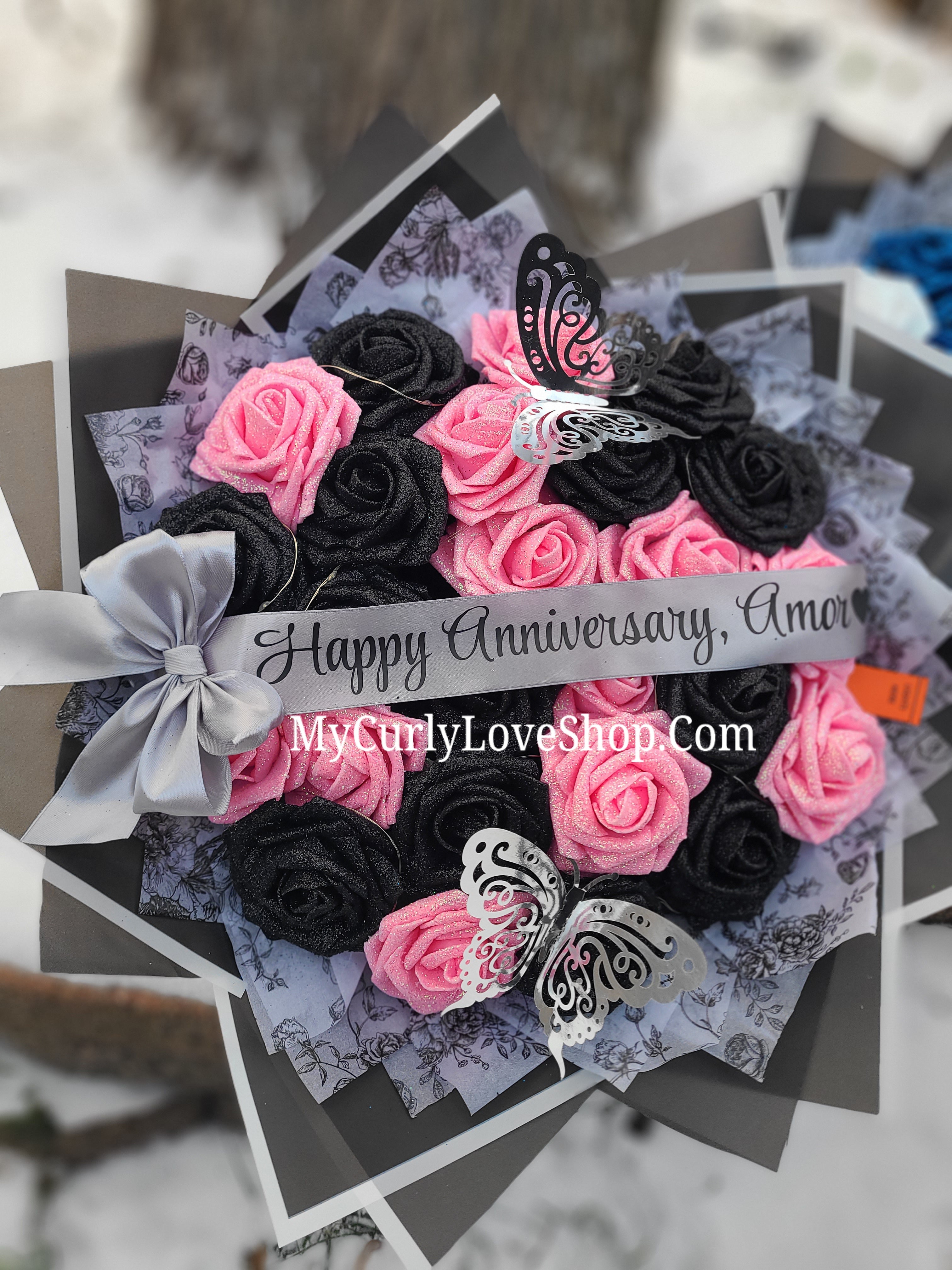 Floral Glitter Roses Bouquet. Comes with two silver butterflies. Banner and Lights are additional. See selection.