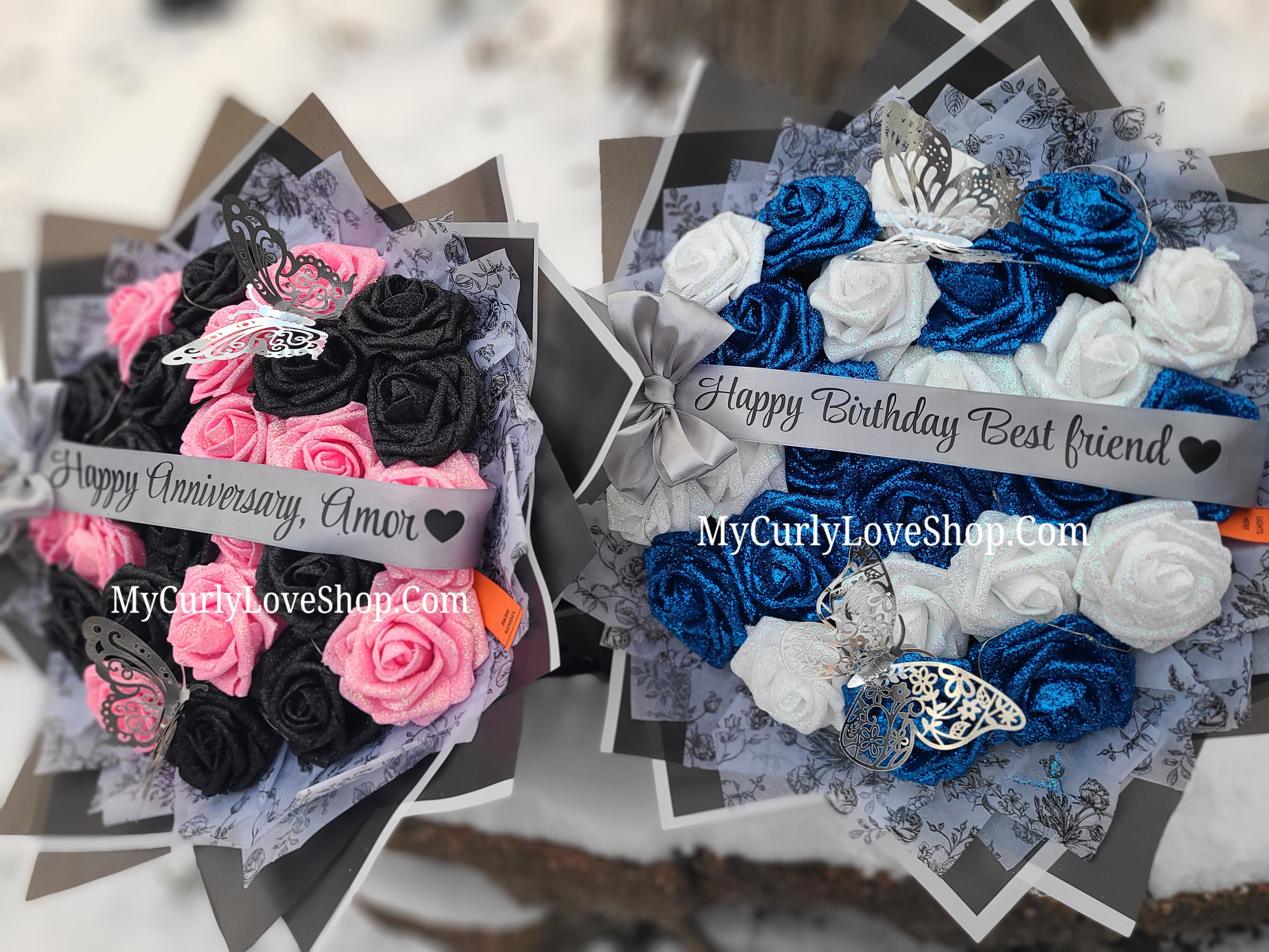 Floral Glitter Roses Bouquet. Comes with two silver butterflies. Banner and Lights are additional. See selection.