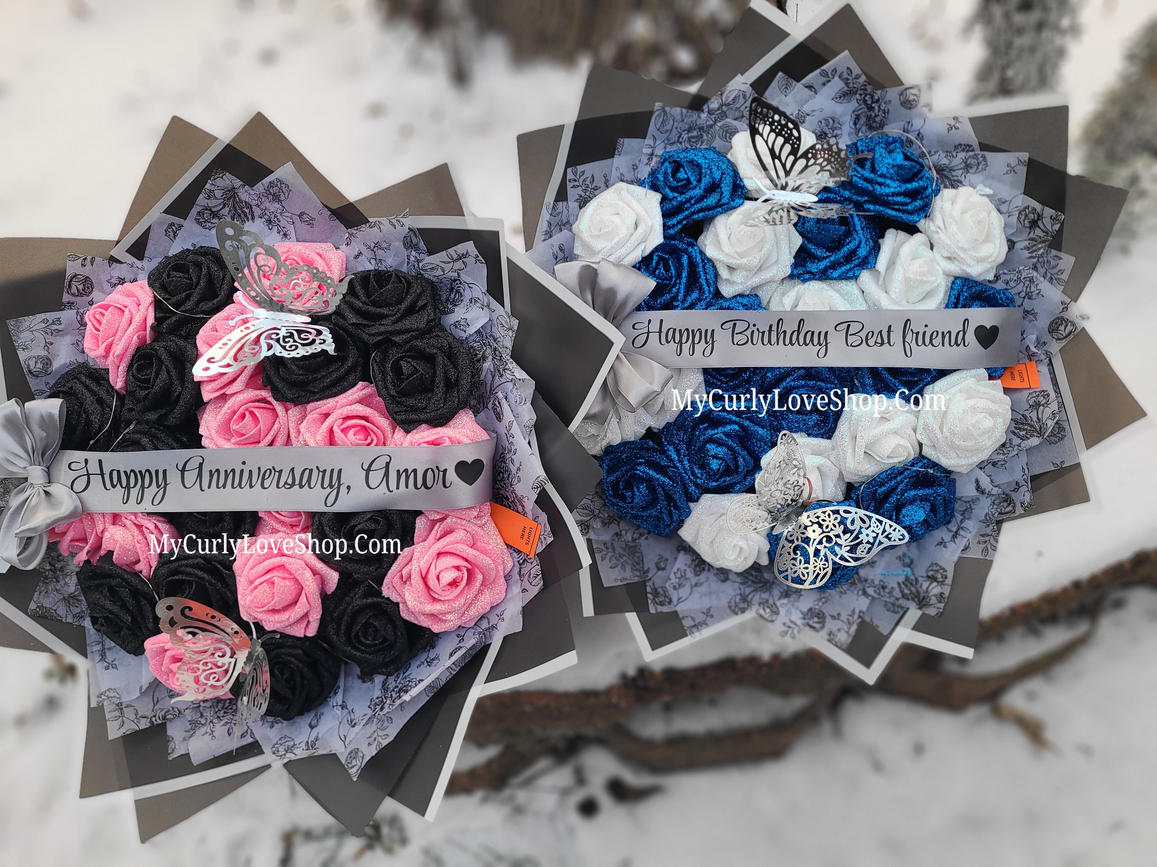 Floral Glitter Roses Bouquet. Comes with two silver butterflies. Banner and Lights are additional. See selection.