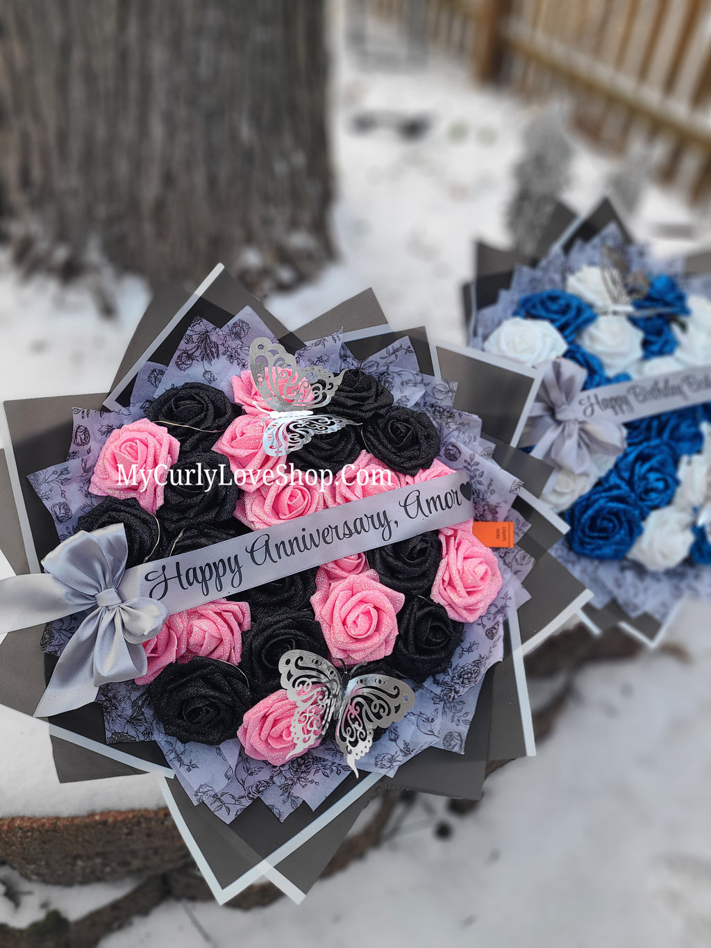 Floral Glitter Roses Bouquet. Comes with two silver butterflies. Banner and Lights are additional. See selection.