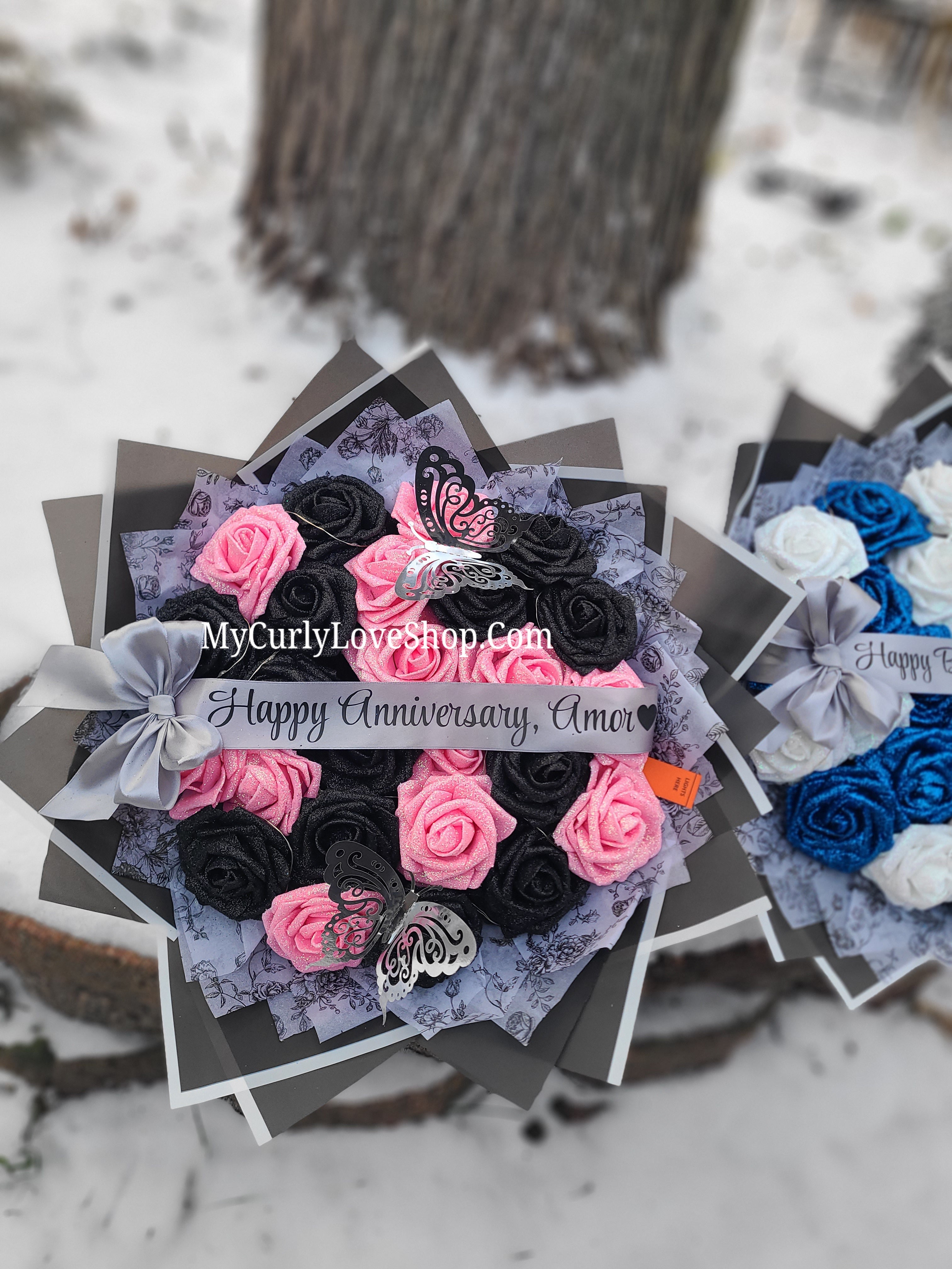 Floral Glitter Roses Bouquet. Comes with two silver butterflies. Banner and Lights are additional. See selection.