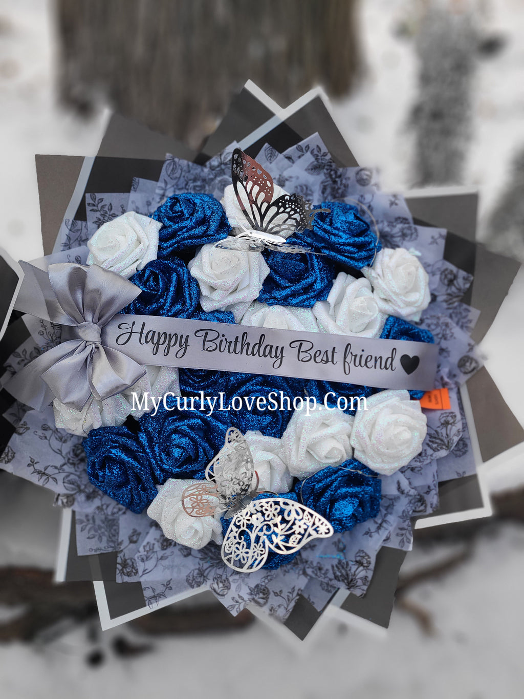 Floral Glitter Roses Bouquet. Comes with two silver butterflies. Banner and Lights are additional. See selection.