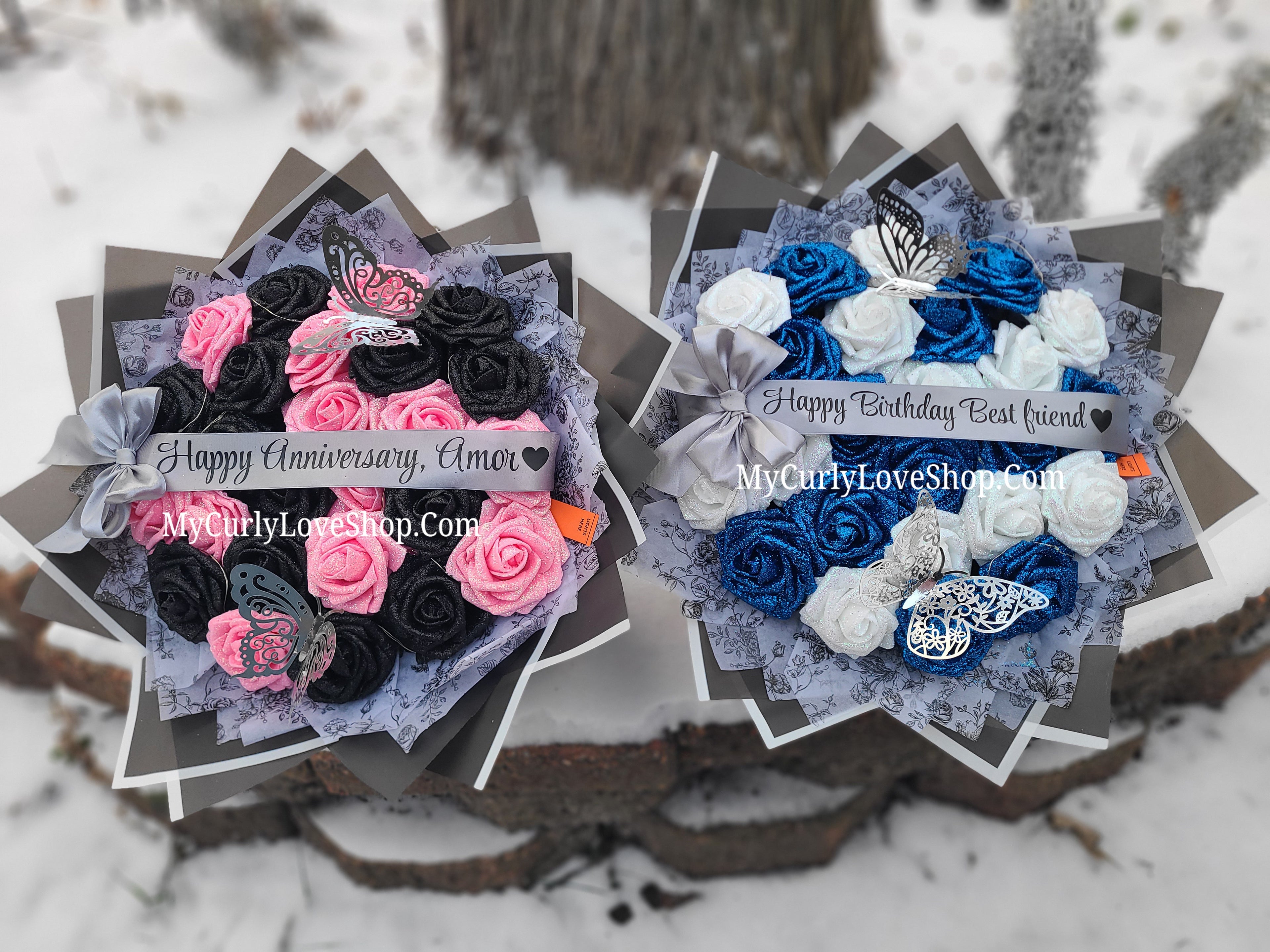 Floral Glitter Roses Bouquet. Comes with two silver butterflies. Banner and Lights are additional. See selection.