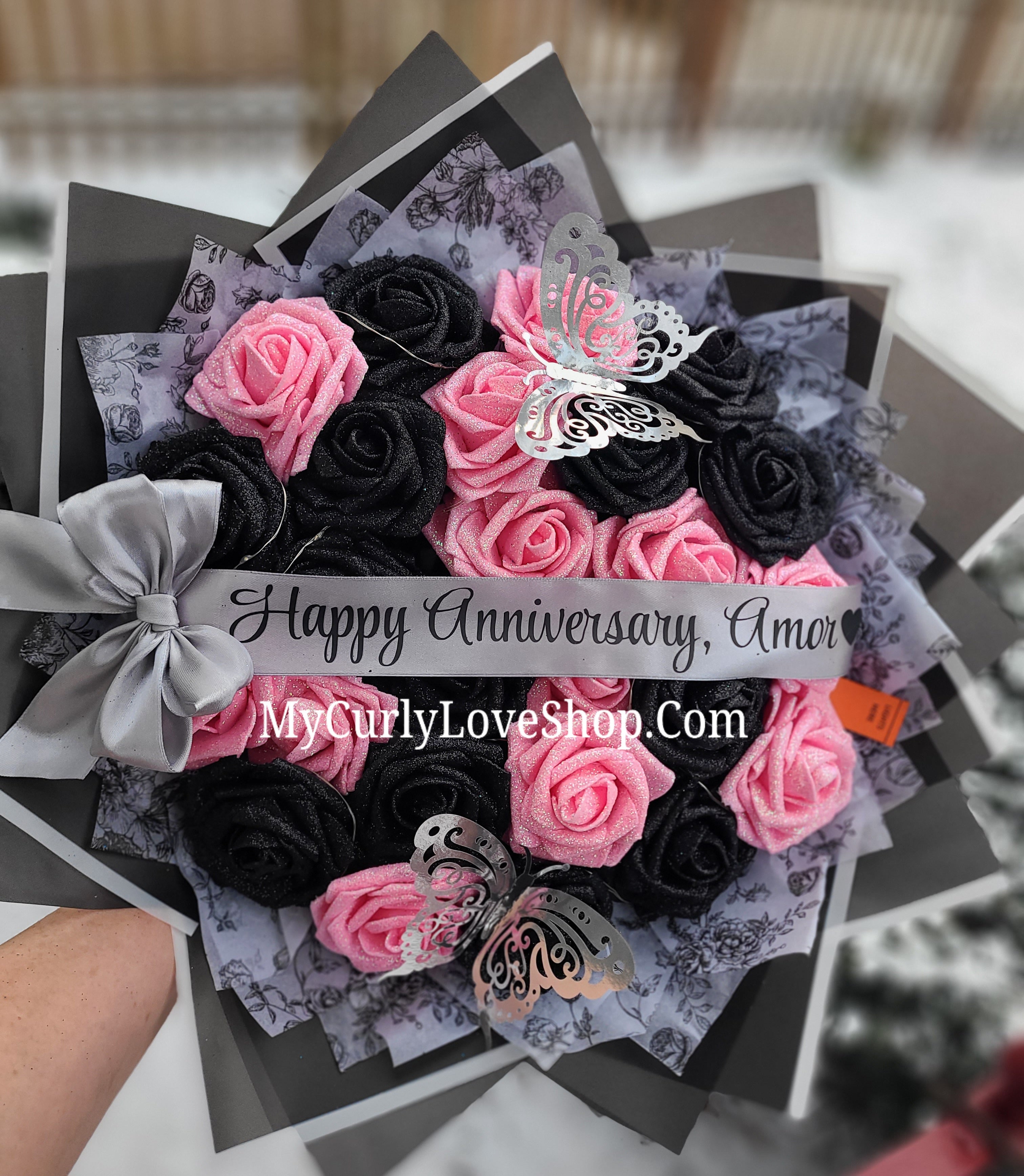 Floral Glitter Roses Bouquet. Comes with two silver butterflies. Banner and Lights are additional. See selection.