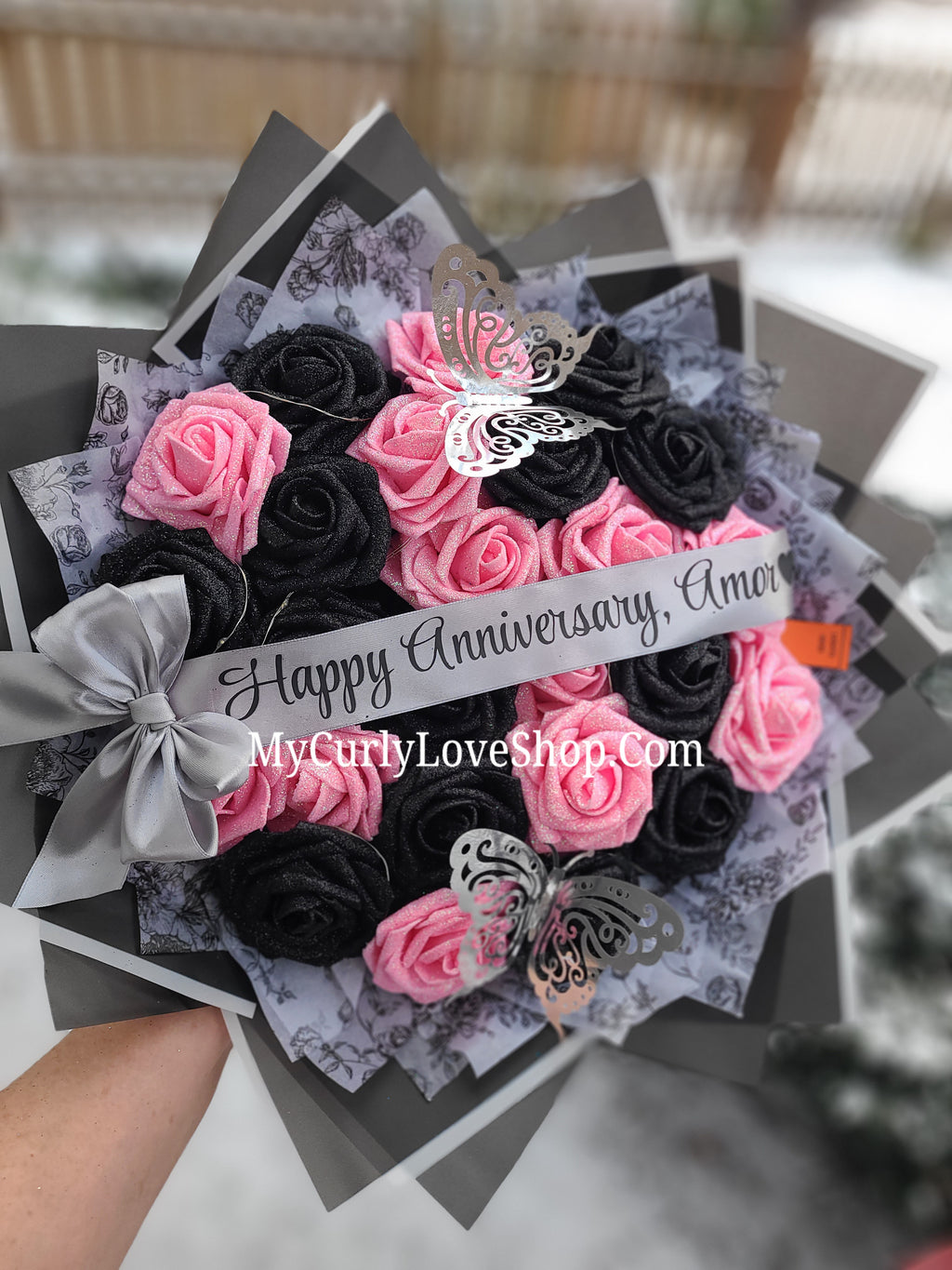 Floral Glitter Roses Bouquet. Comes with two silver butterflies. Banner and Lights are additional. See selection.