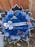 Floral Glitter Roses Bouquet. Comes with two silver butterflies. Banner and Lights are additional. See selection.