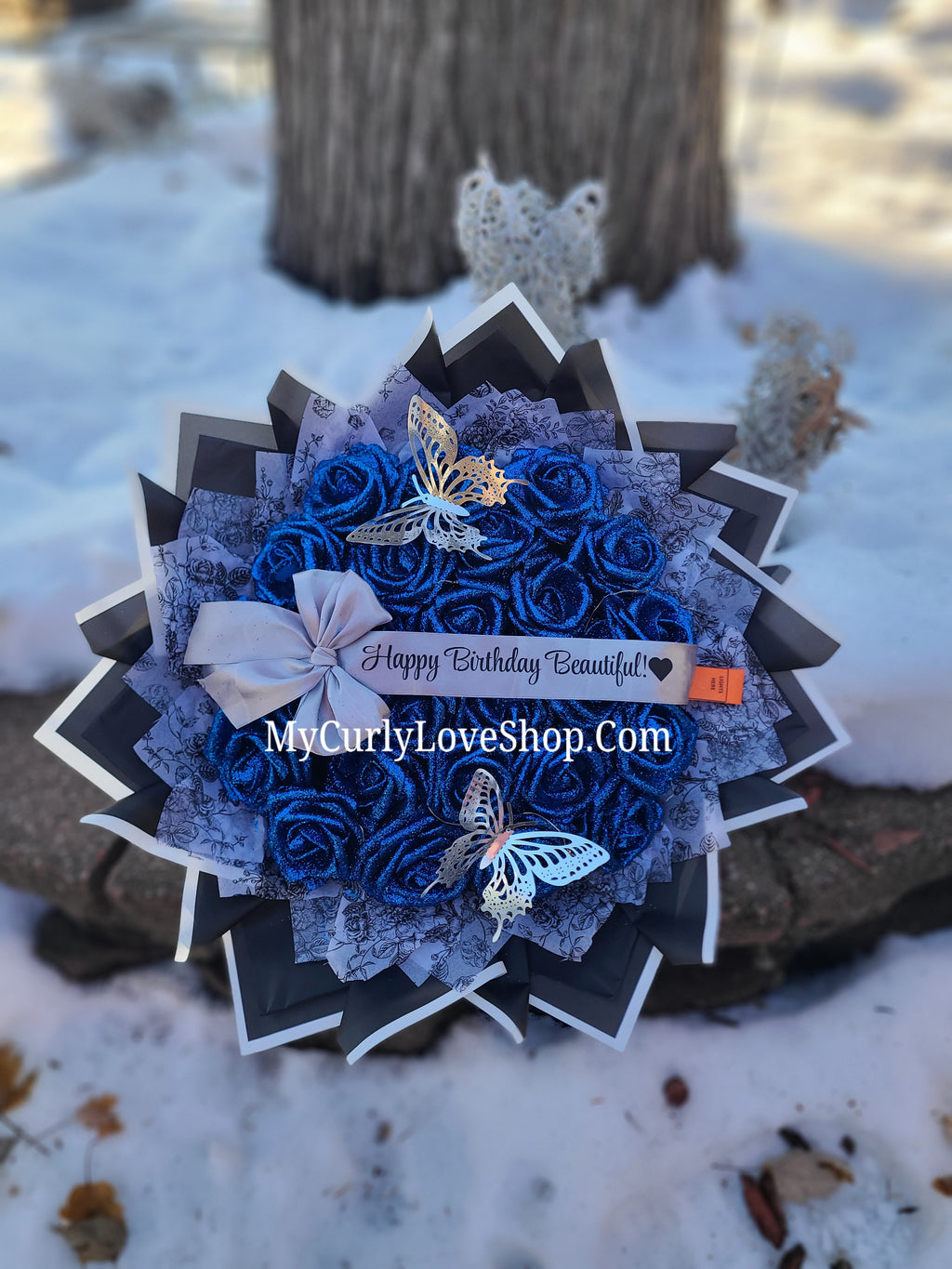 Floral Glitter Roses Bouquet. Comes with two silver butterflies. Banner and Lights are additional. See selection.
