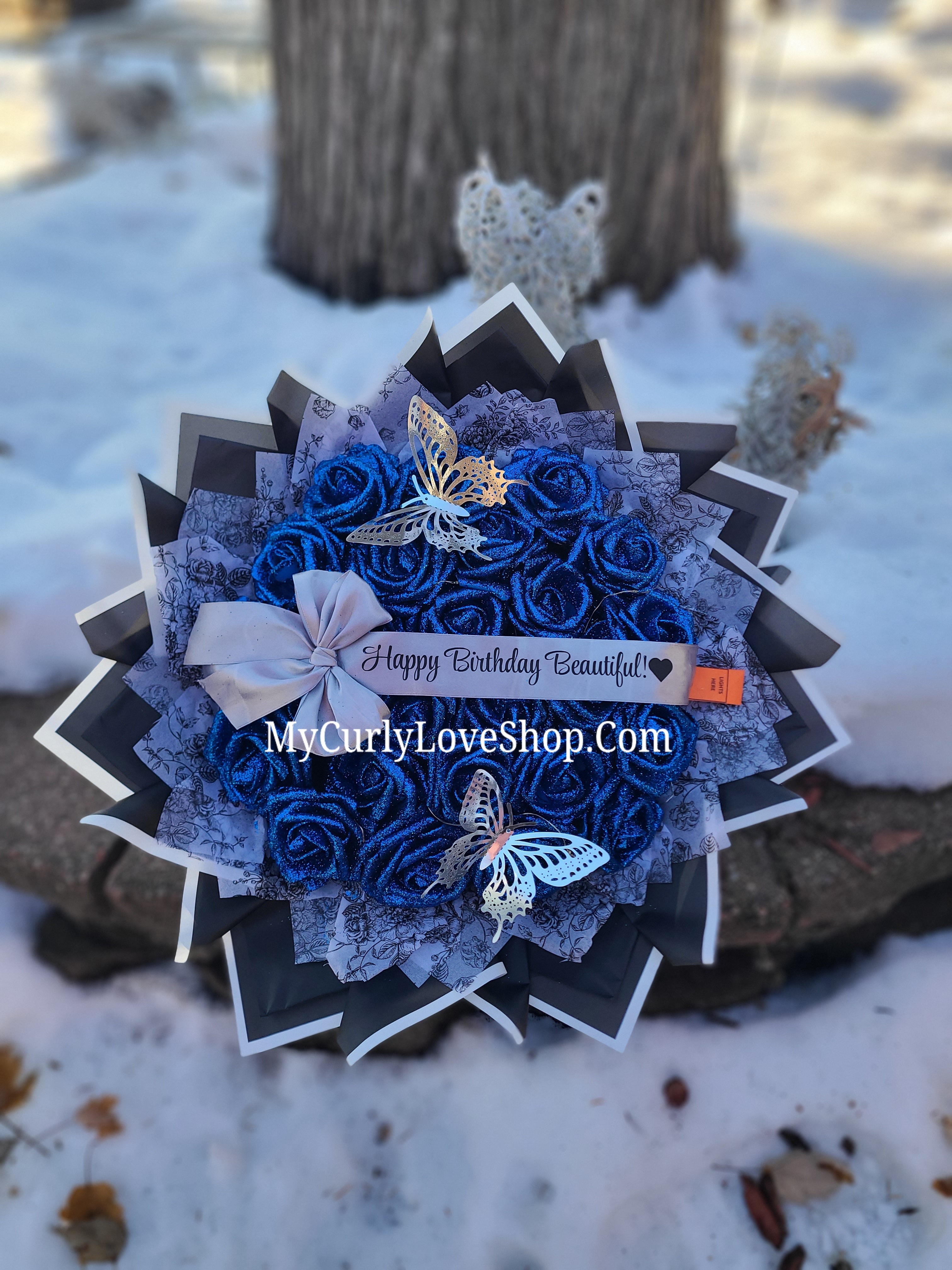 Floral Glitter Roses Bouquet. Comes with two silver butterflies. Banner and Lights are additional. See selection.