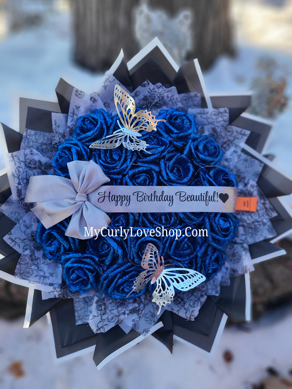 Floral Glitter Roses Bouquet. Comes with two silver butterflies. Banner and Lights are additional. See selection.