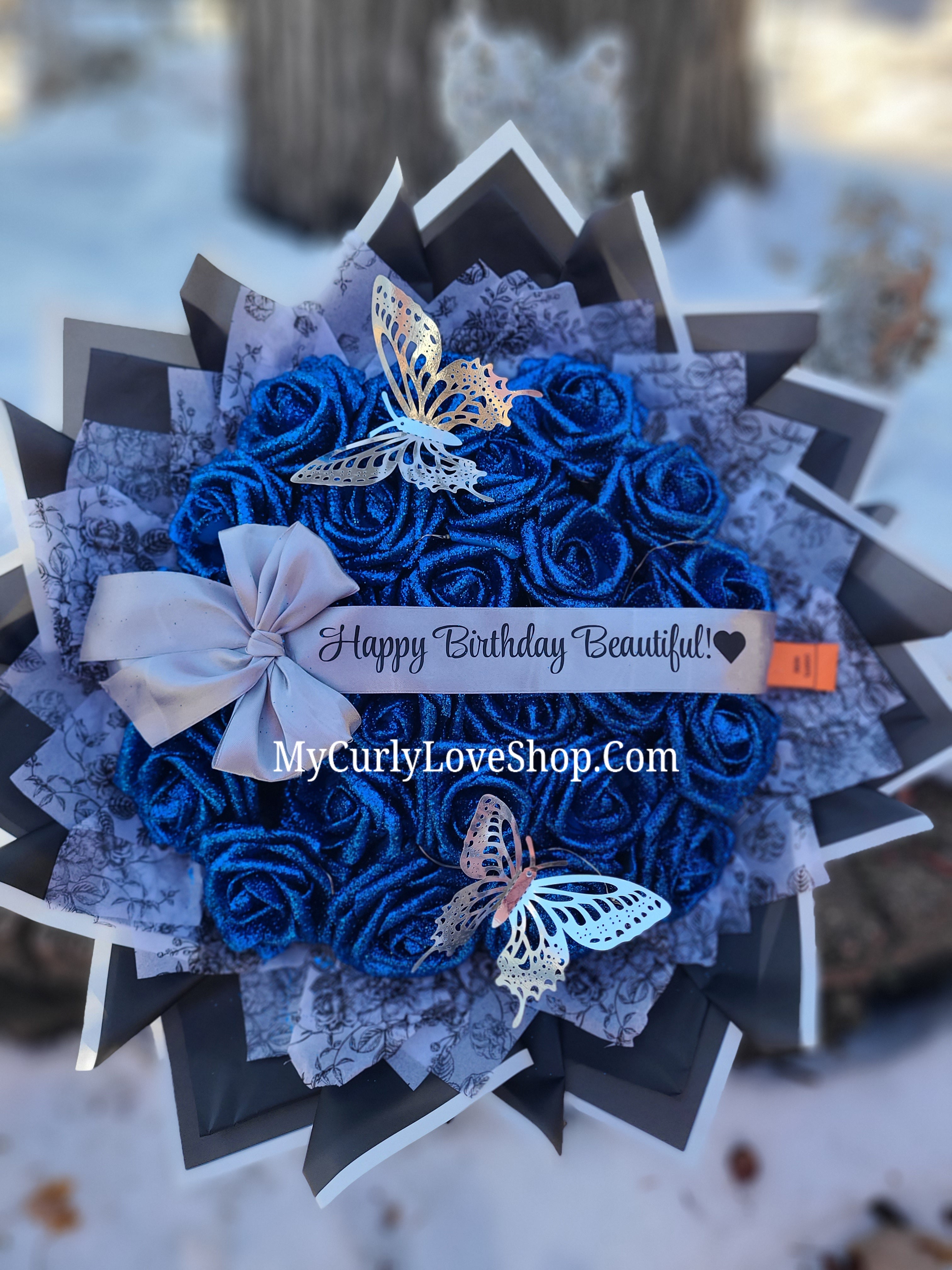 Floral Glitter Roses Bouquet. Comes with two silver butterflies. Banner and Lights are additional. See selection.