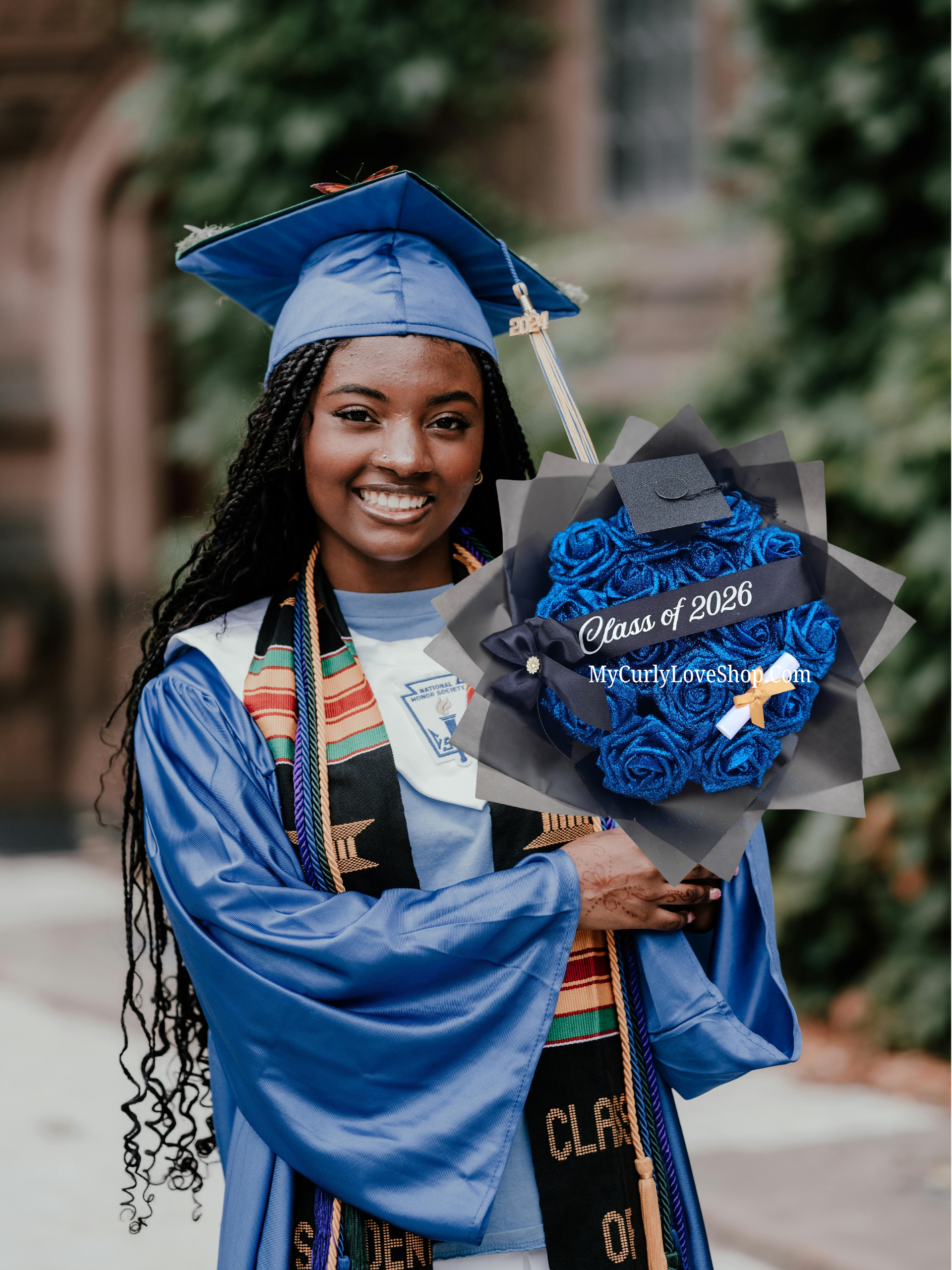 Graduation Glitter Roses Bouquet. Graduation Cap and Diploma Embellishment Included. Banner and Lights are additional.
