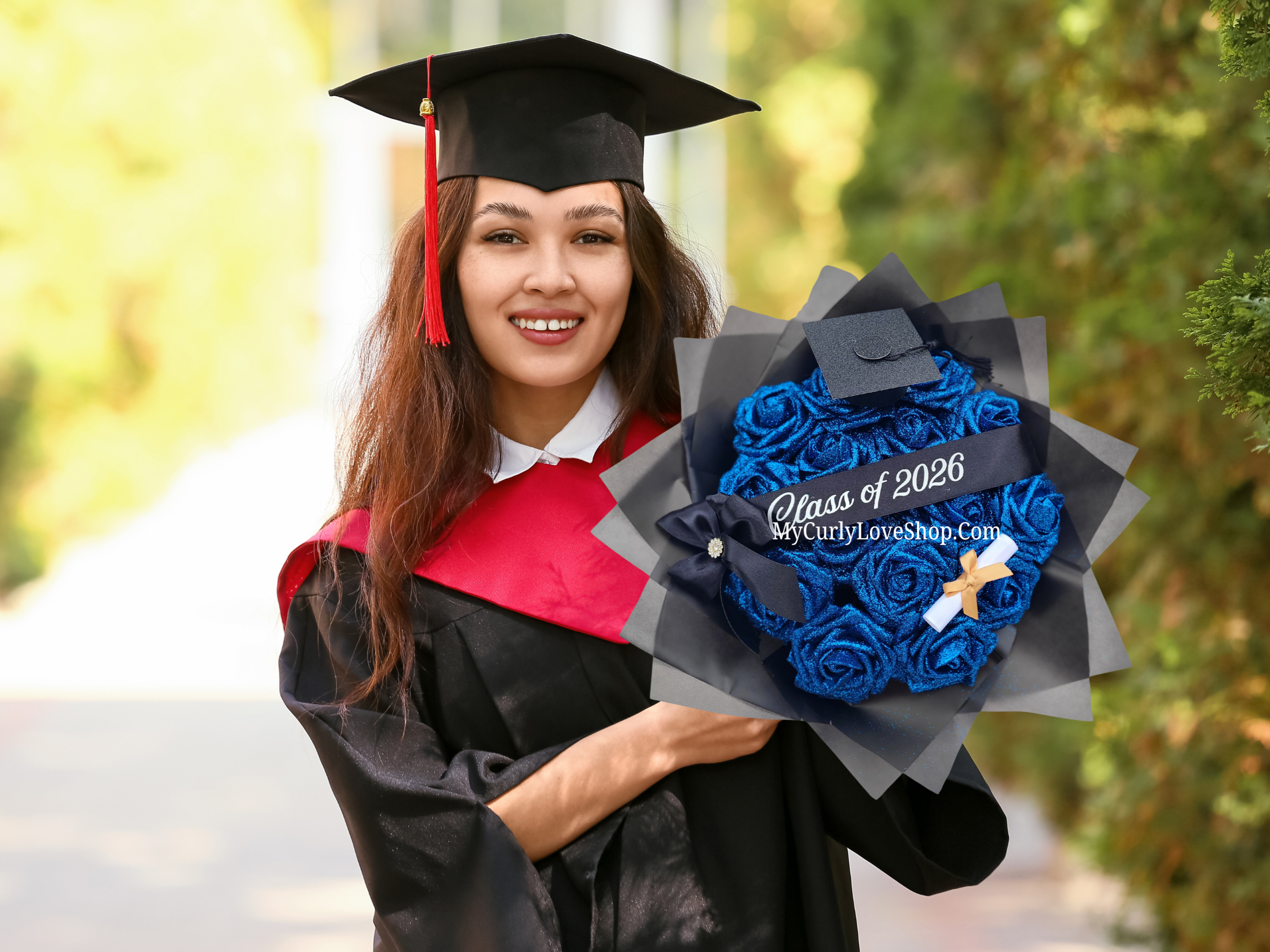 Graduation Glitter Roses Bouquet. Graduation Cap and Diploma Embellishment Included. Banner and Lights are additional.