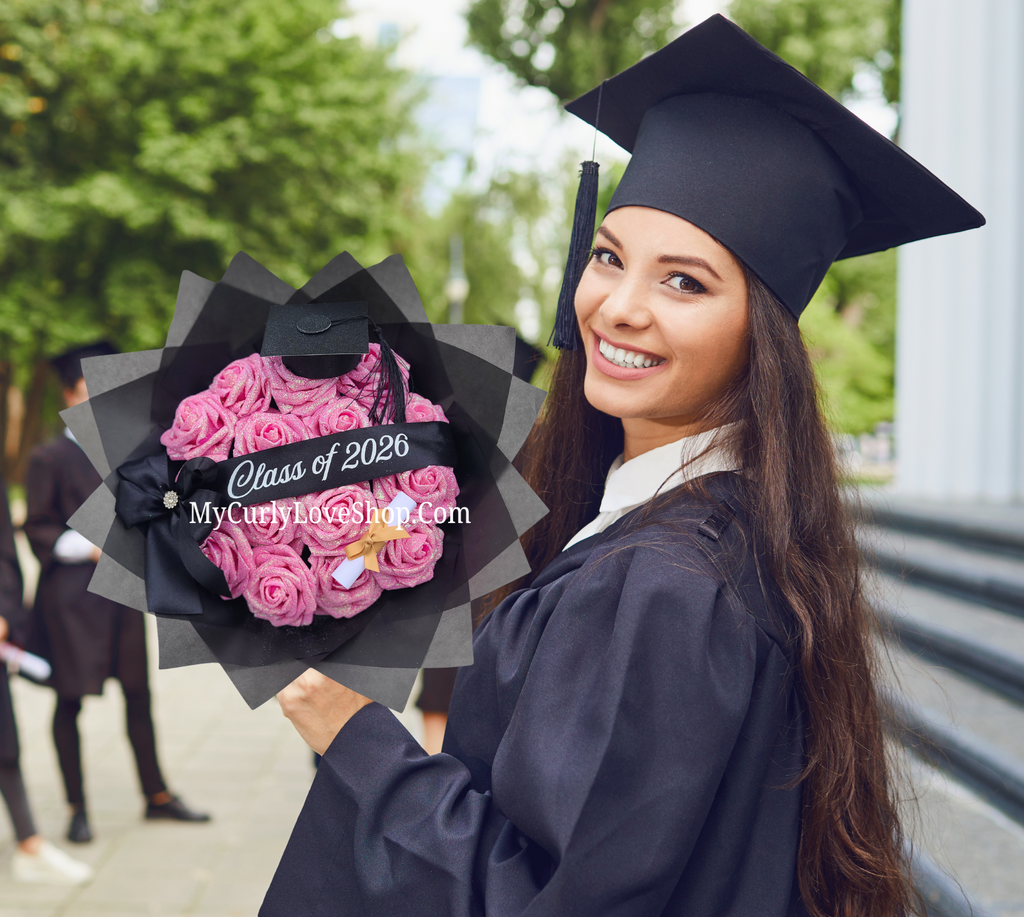 Graduation Glitter Roses Bouquet. Graduation Cap and Diploma Embellishment Included. Banner and Lights are additional.
