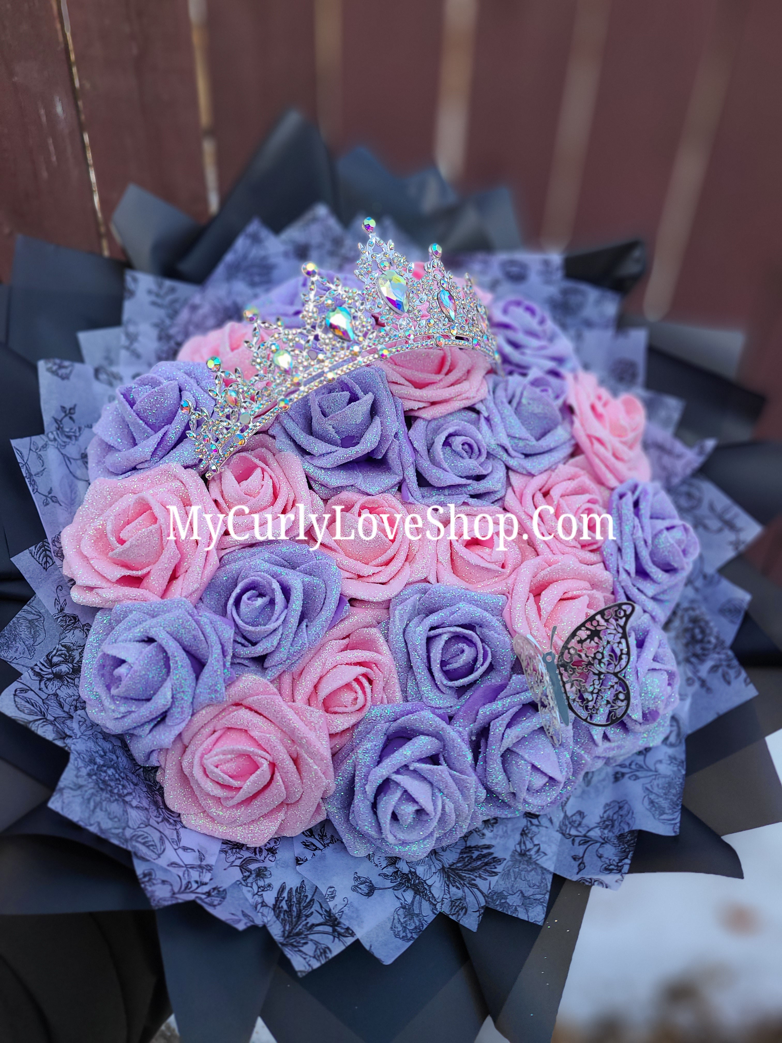 Silver Tiara and Butterfly Glitter Roses Bouquet: Tiara and Butterfly Included. Personalized Ribbon and Lights are additional.
