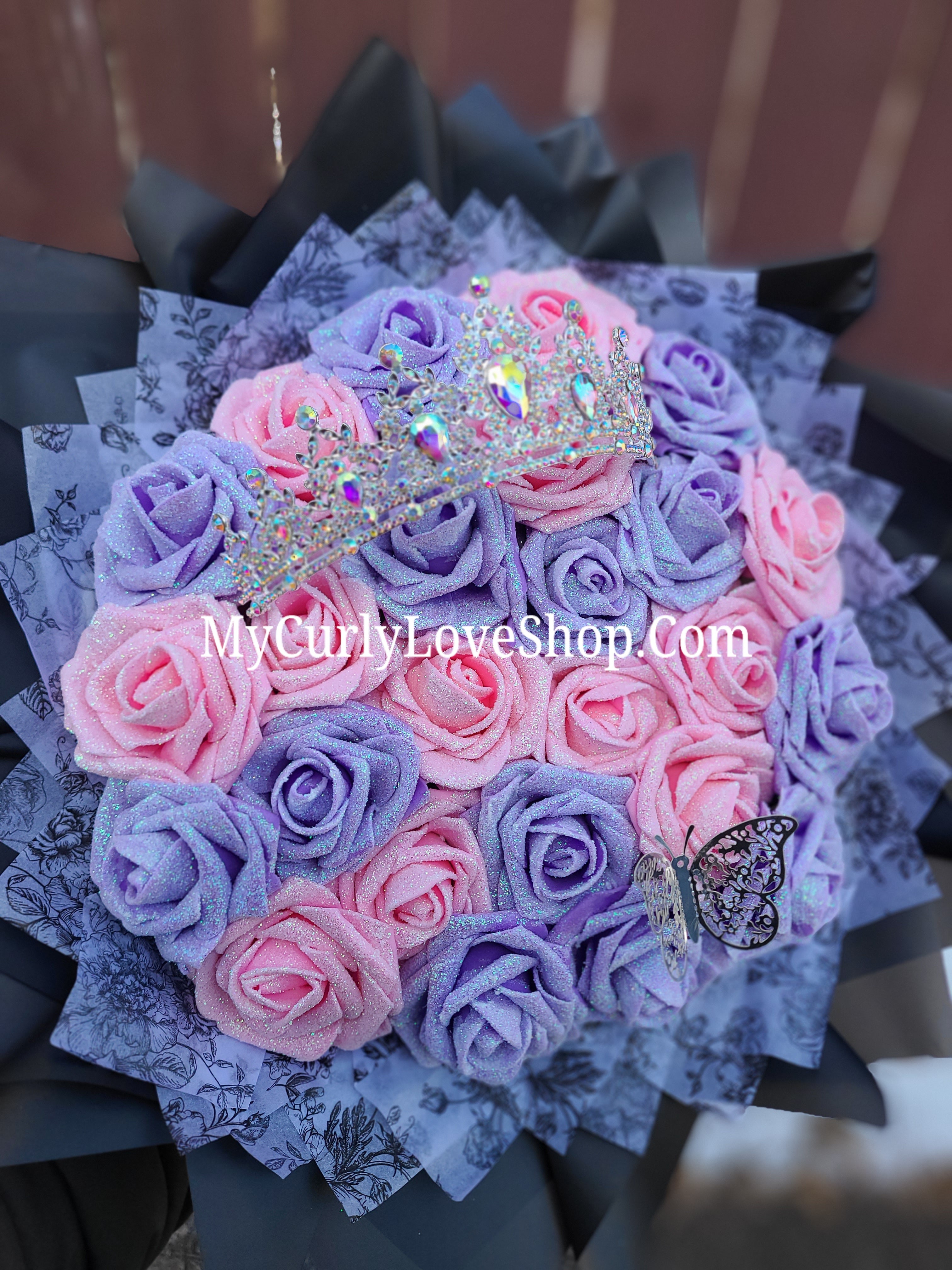 Silver Tiara and Butterfly Glitter Roses Bouquet: Tiara and Butterfly Included. Personalized Ribbon and Lights are additional.