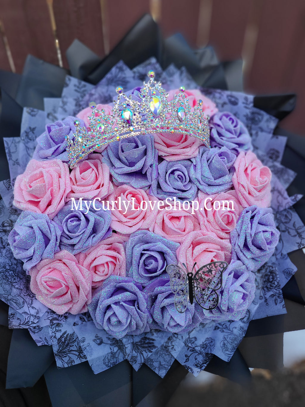 Silver Tiara and Butterfly Glitter Roses Bouquet: Tiara and Butterfly Included. Personalized Ribbon and Lights are additional.