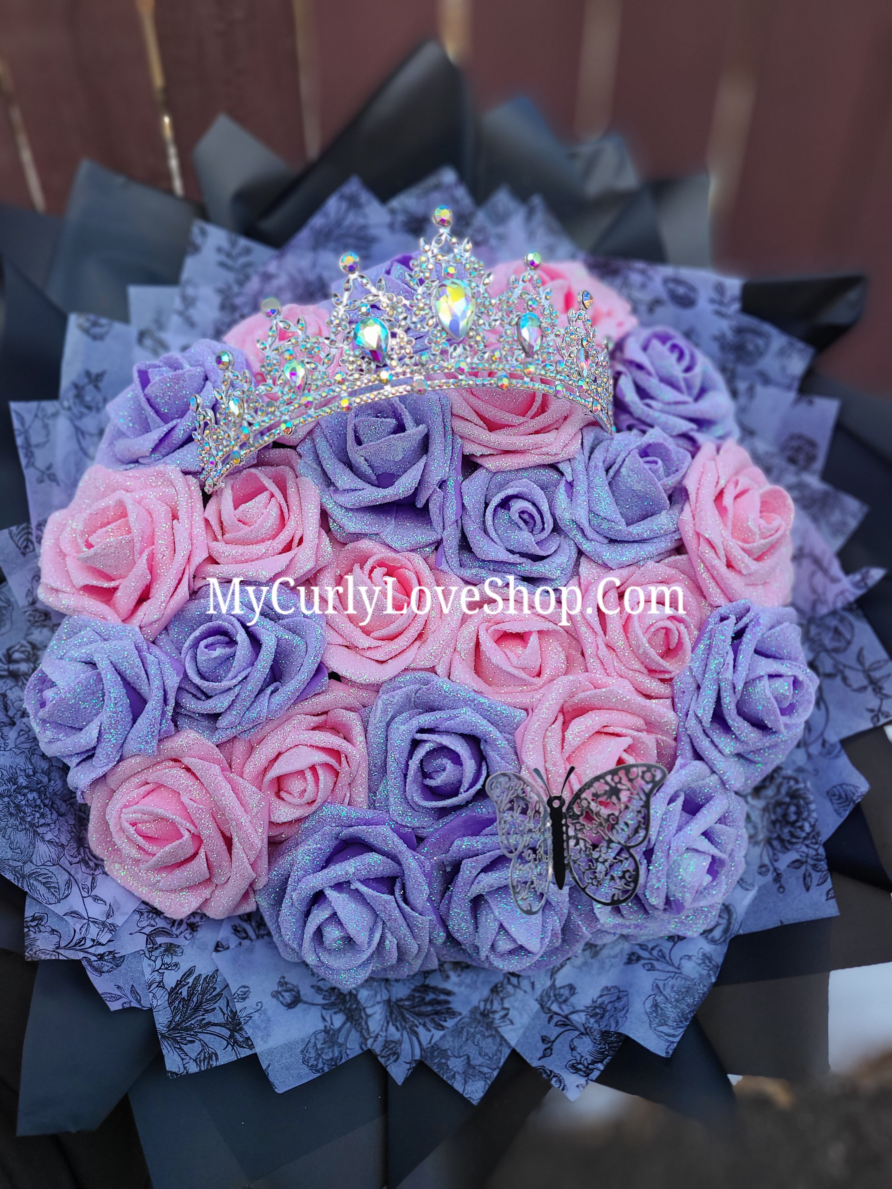 Silver Tiara and Butterfly Glitter Roses Bouquet: Tiara and Butterfly Included. Personalized Ribbon and Lights are additional.