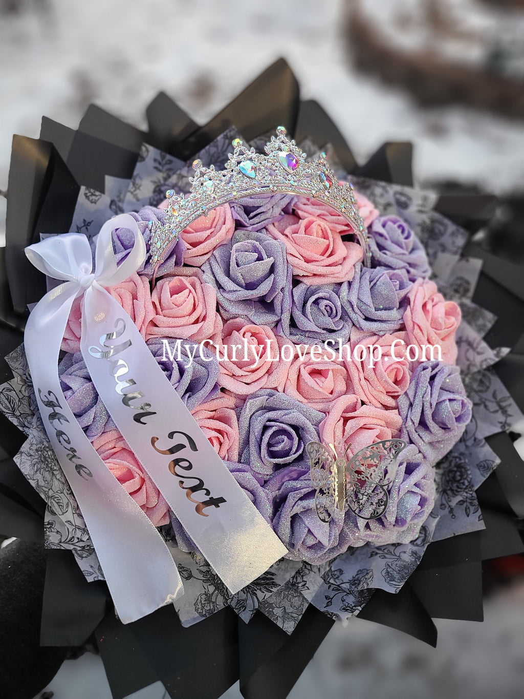 Silver Tiara and Butterfly Glitter Roses Bouquet: Tiara and Butterfly Included. Personalized Ribbon and Lights are additional.