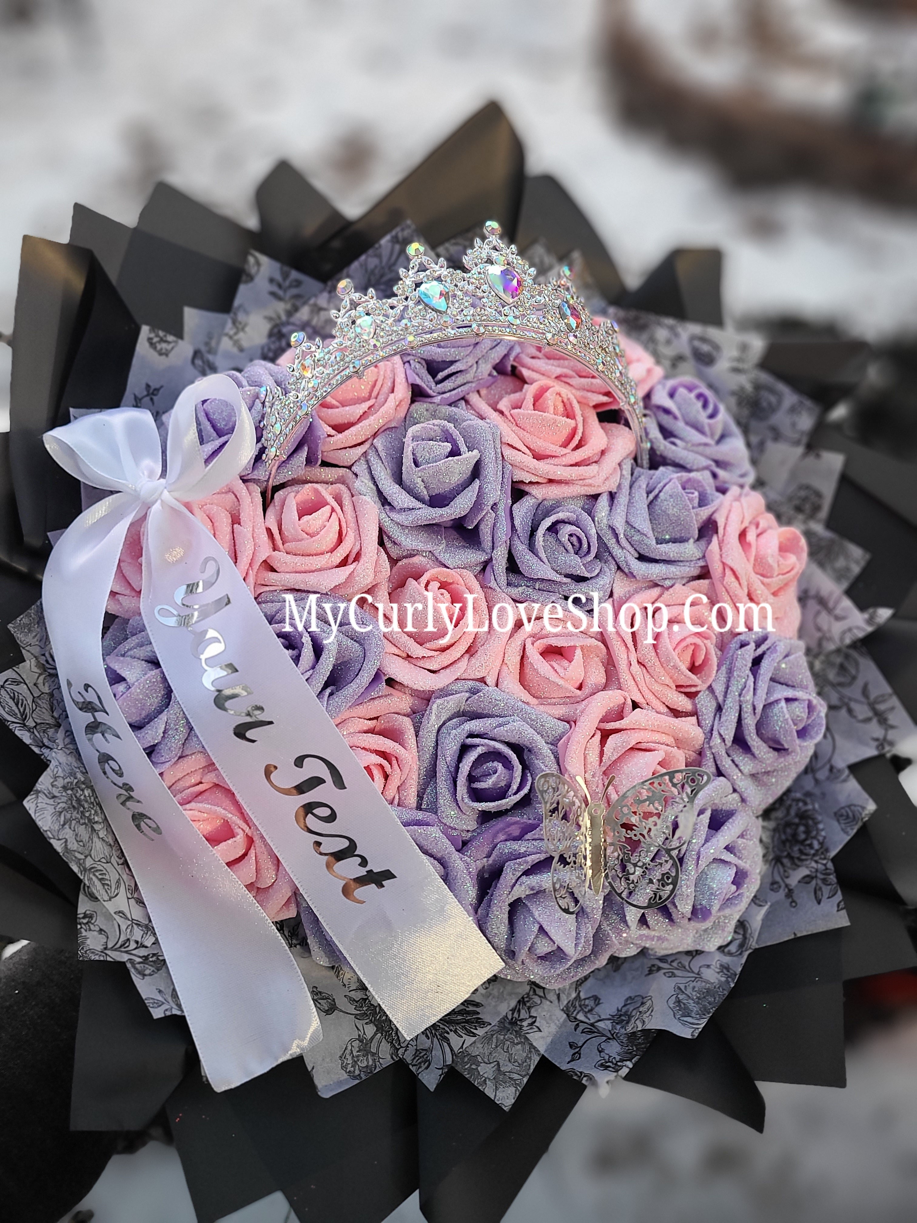 Silver Tiara and Butterfly Glitter Roses Bouquet: Tiara and Butterfly Included. Personalized Ribbon and Lights are additional.