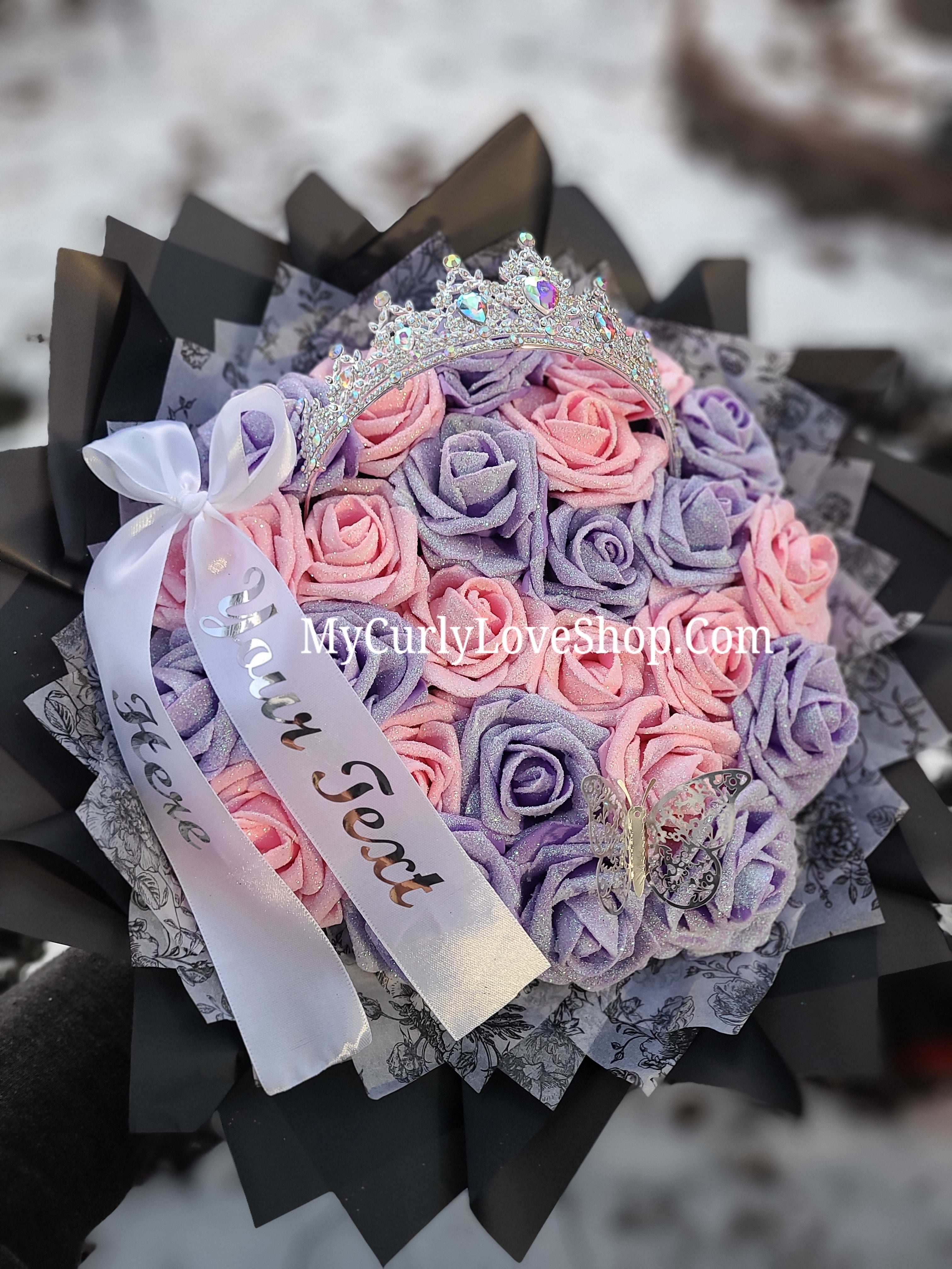 Silver Tiara and Butterfly Glitter Roses Bouquet: Tiara and Butterfly Included. Personalized Ribbon and Lights are additional.