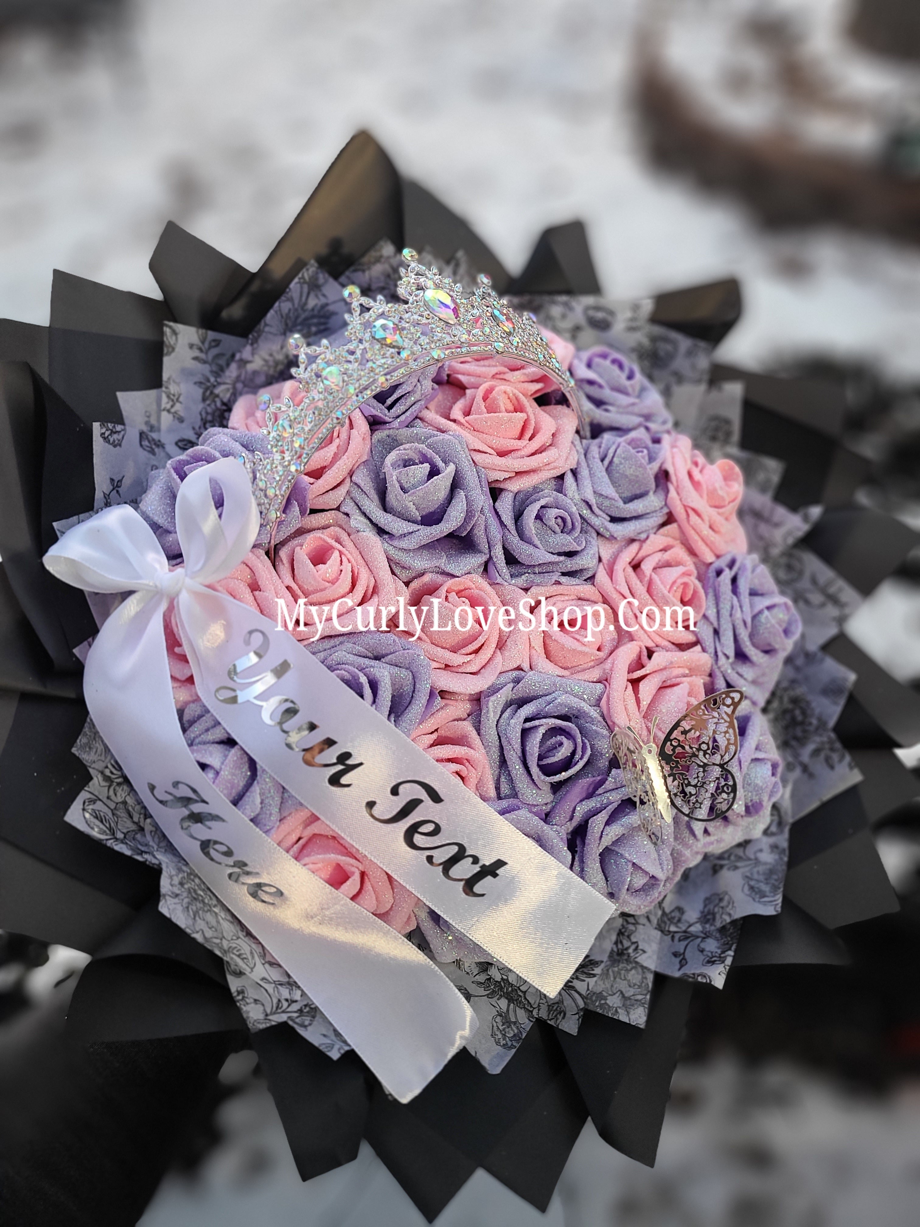 Silver Tiara and Butterfly Glitter Roses Bouquet: Tiara and Butterfly Included. Personalized Ribbon and Lights are additional.