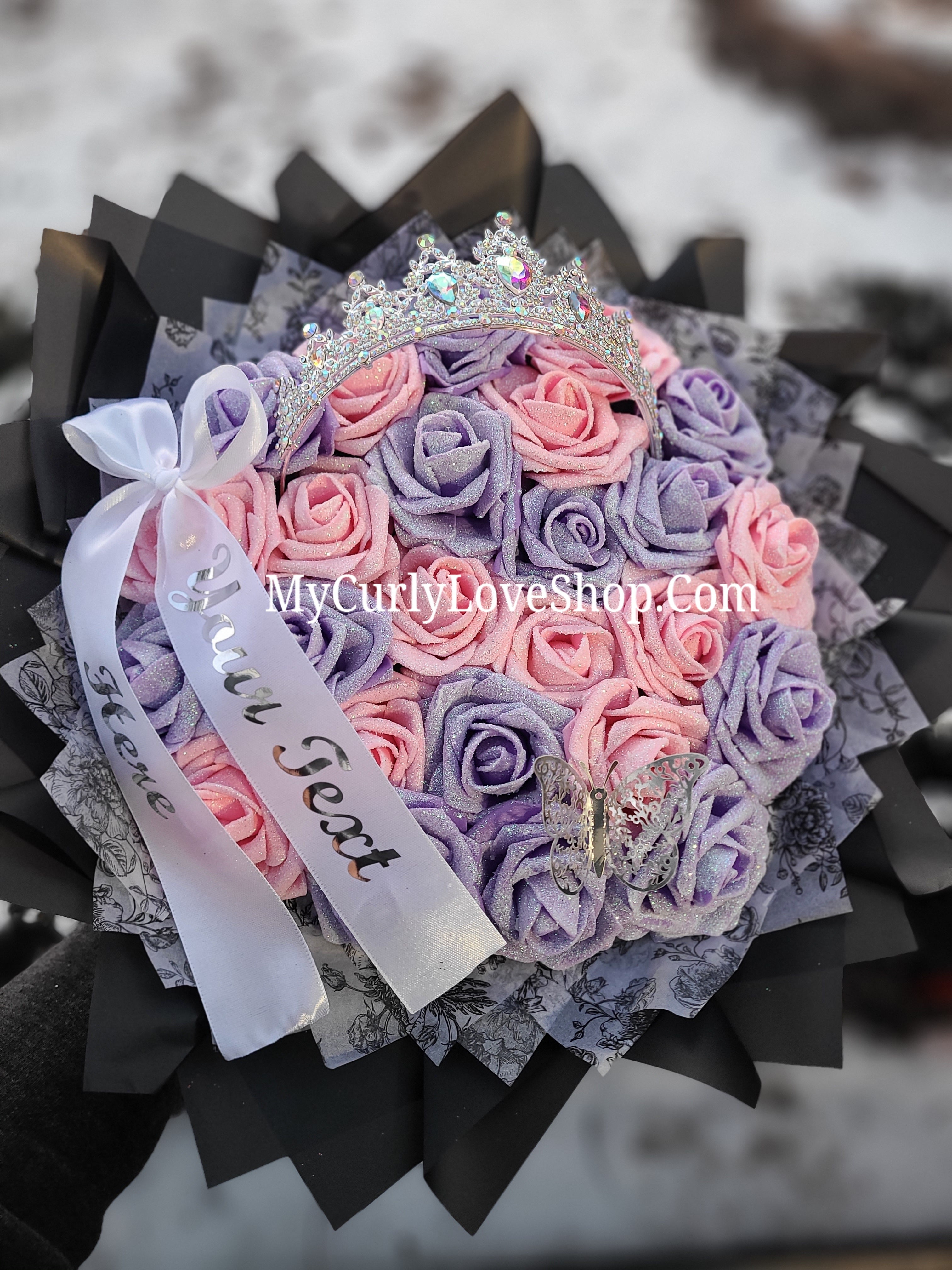 Silver Tiara and Butterfly Glitter Roses Bouquet: Tiara and Butterfly Included. Personalized Ribbon and Lights are additional.