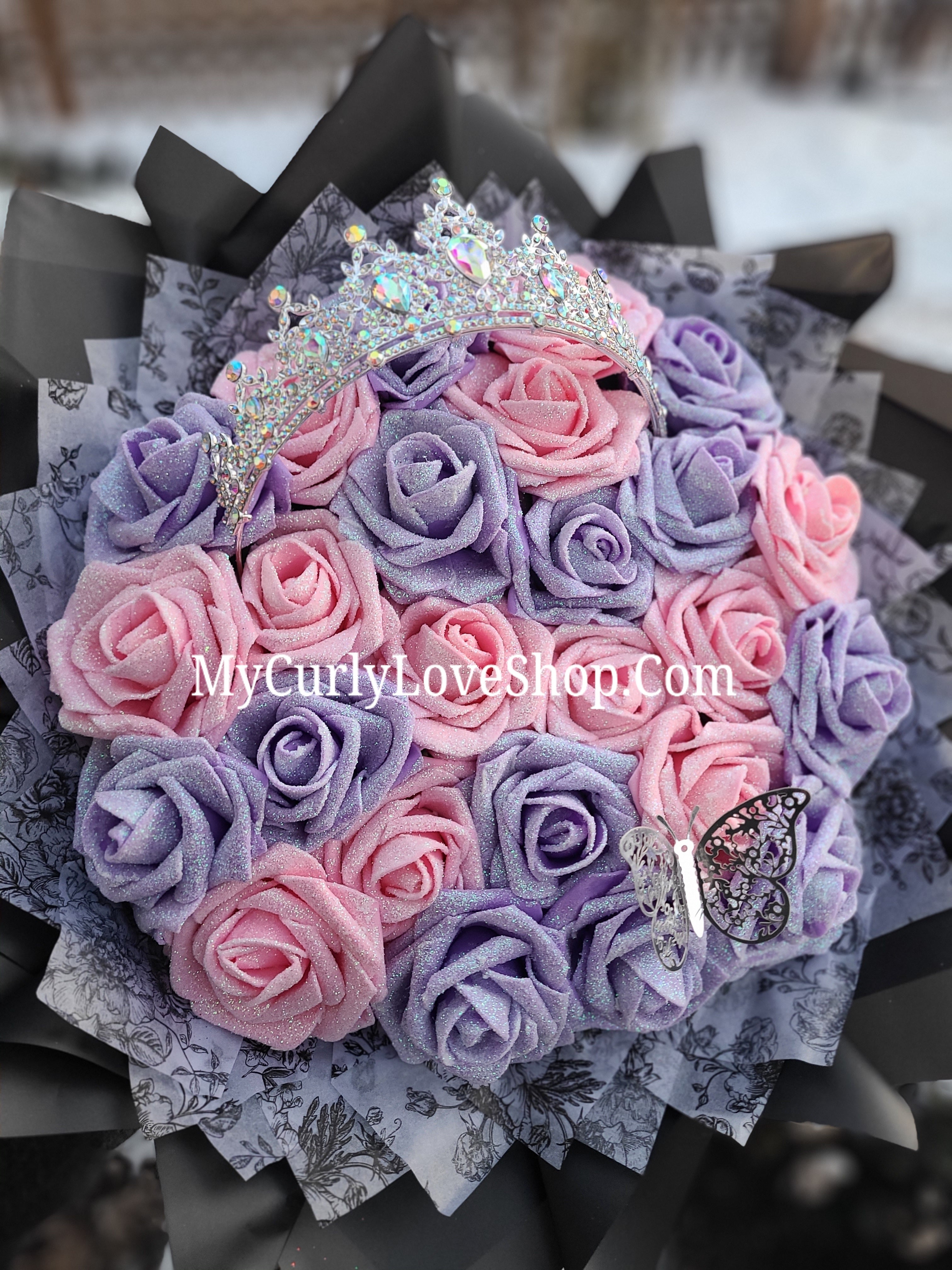 Silver Tiara and Butterfly Glitter Roses Bouquet: Tiara and Butterfly Included. Personalized Ribbon and Lights are additional.