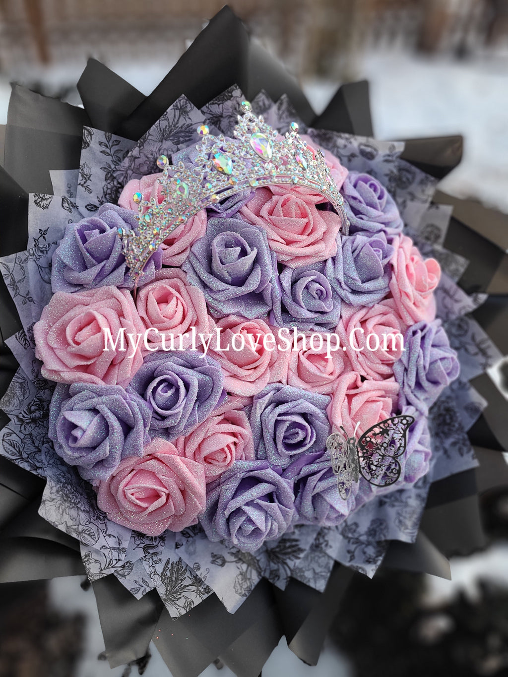 Silver Tiara and Butterfly Glitter Roses Bouquet: Tiara and Butterfly Included. Personalized Ribbon and Lights are additional.