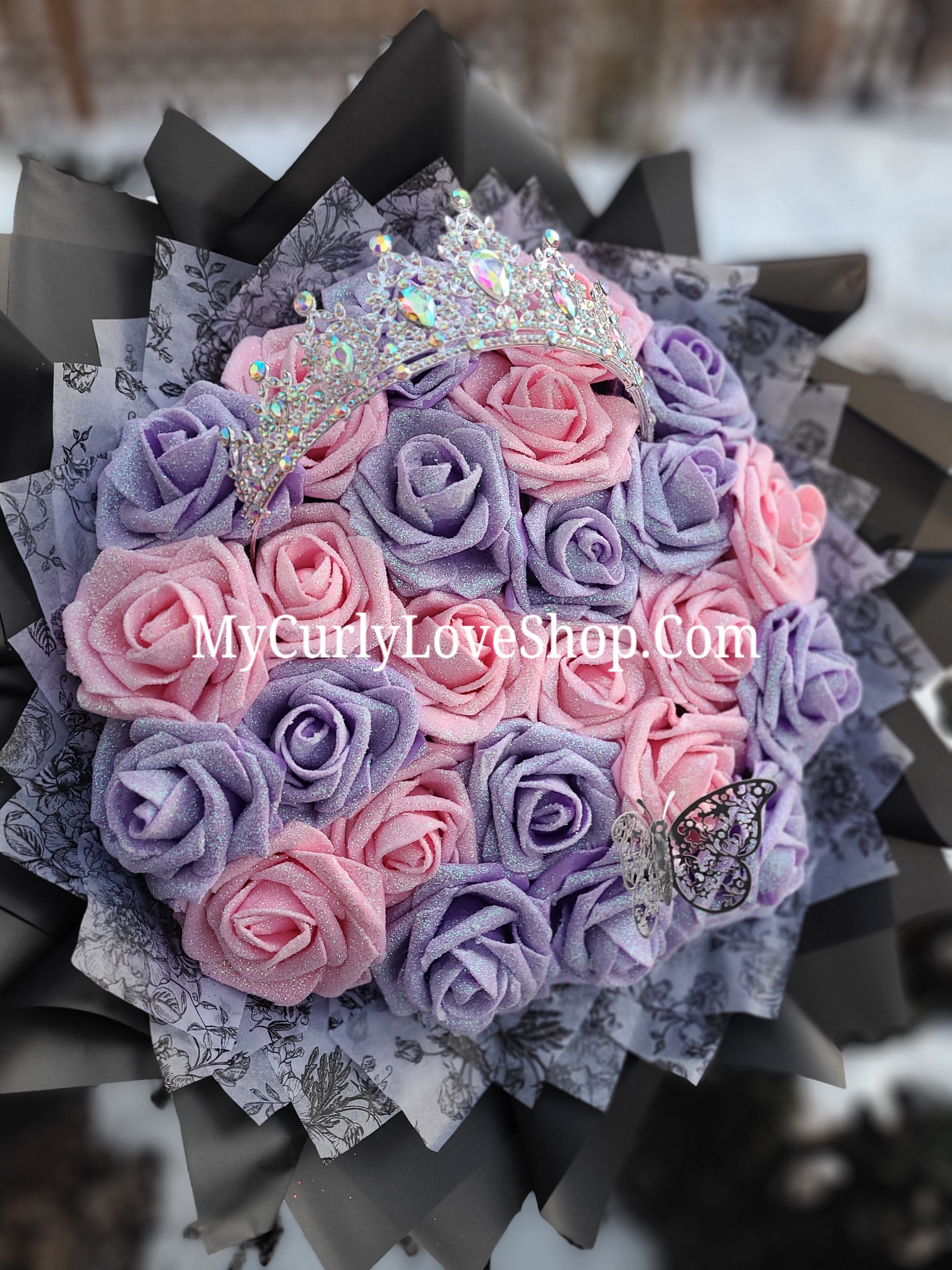 Silver Tiara and Butterfly Glitter Roses Bouquet: Tiara and Butterfly Included. Personalized Ribbon and Lights are additional.