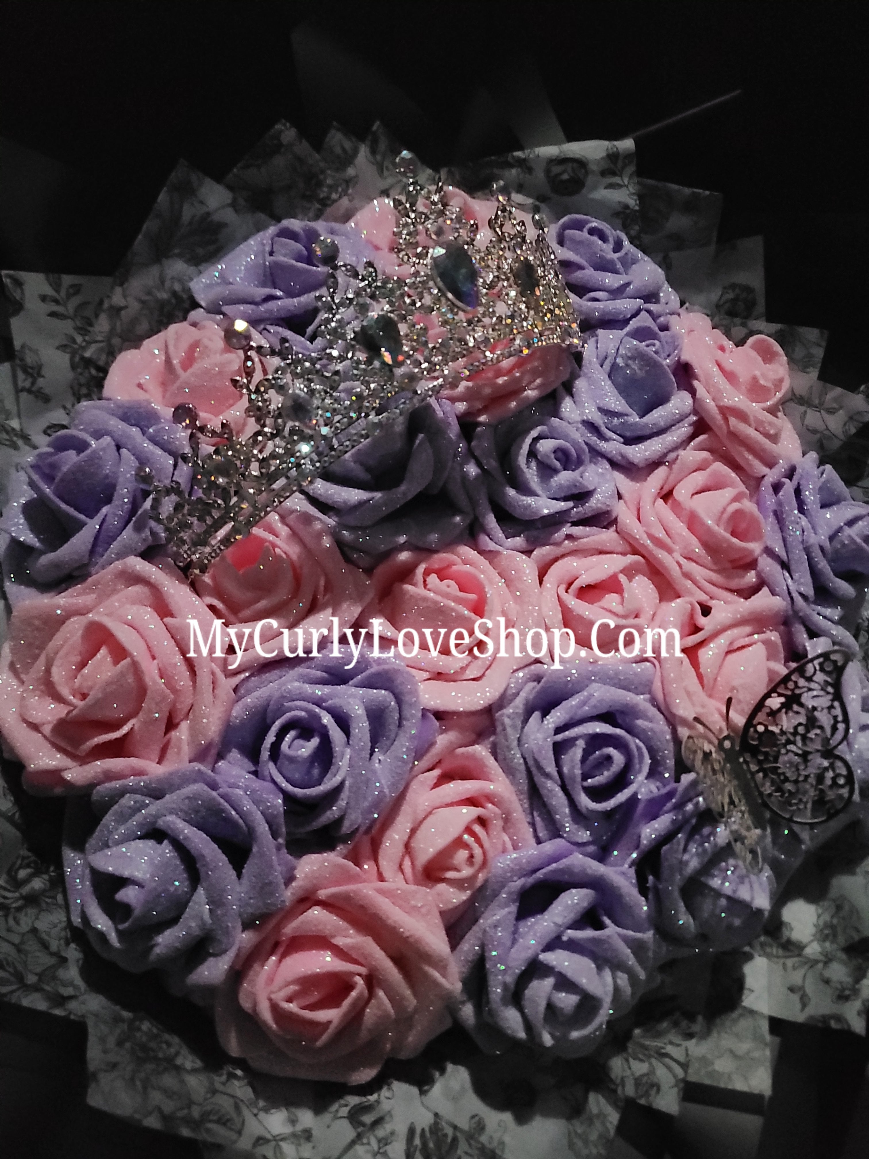 Silver Tiara and Butterfly Glitter Roses Bouquet: Tiara and Butterfly Included. Personalized Ribbon and Lights are additional.