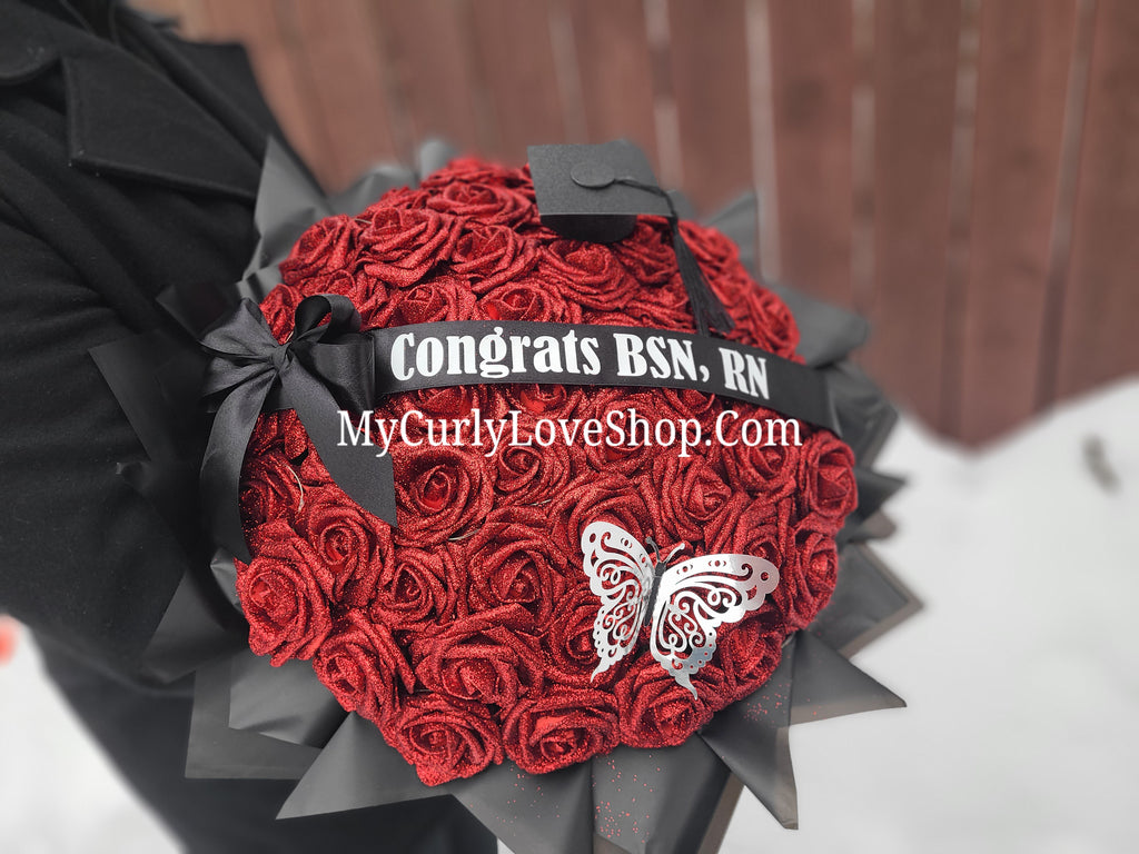 Ramo Comes with Graduation Cap or Tiara. Glitter Roses.  Banner and Lights are additional, see selection.