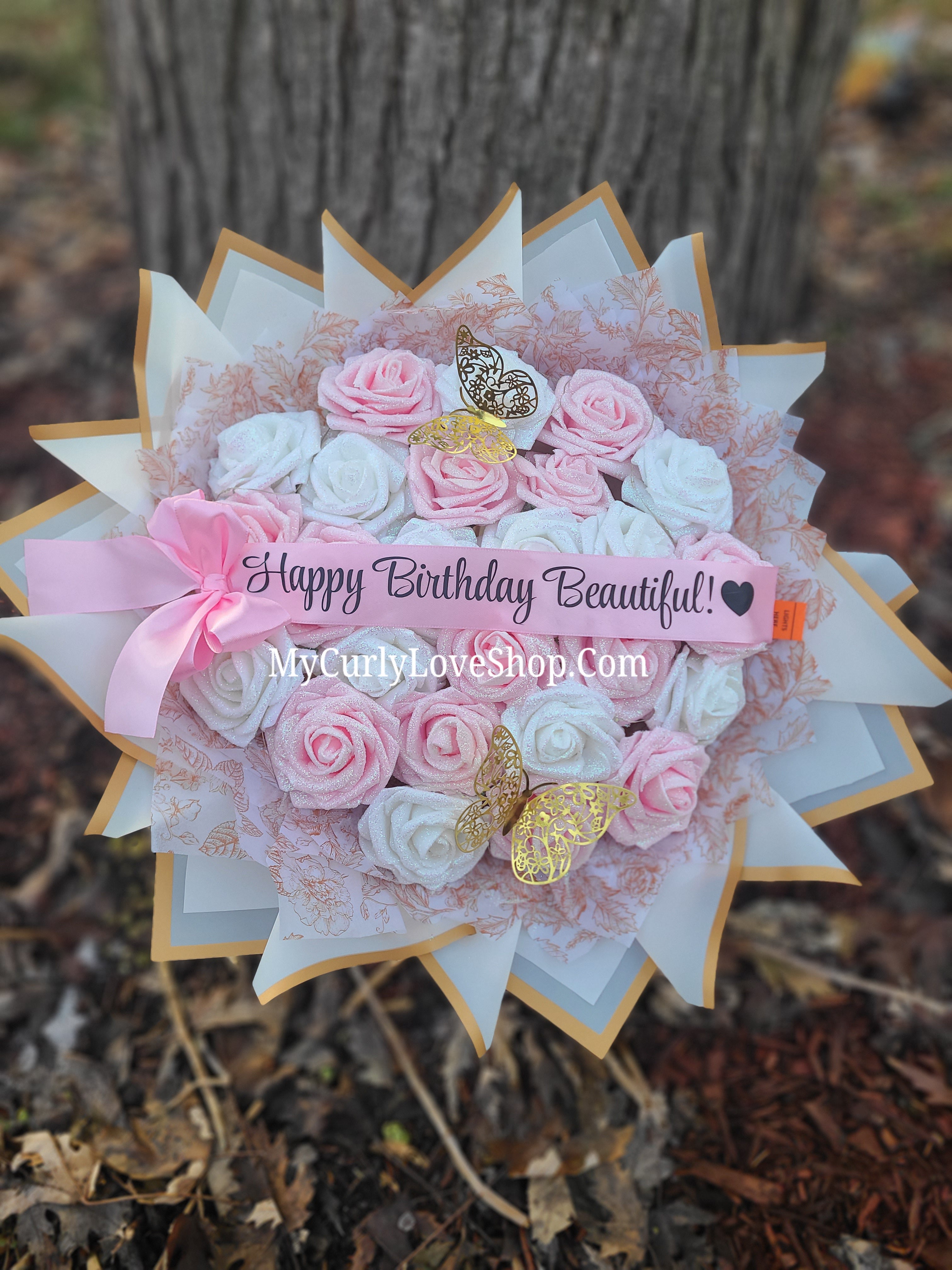 Floral Glitter Roses Bouquet. Comes with two gold butterflies. Banner and Lights are additional. See selection.